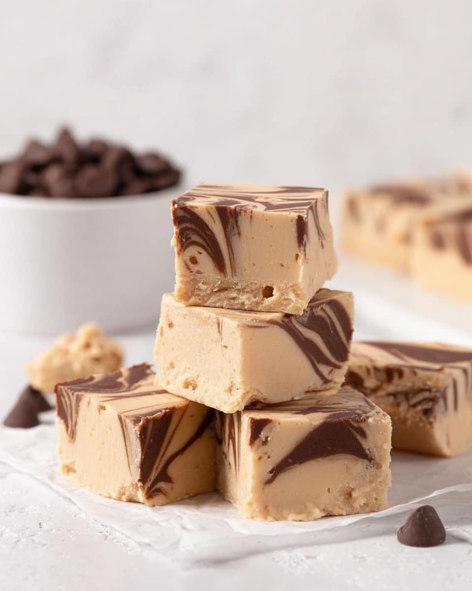 The image shows a white square dish filled with multiple square pieces of layered fudge. Each fudge piece has two layers: a bottom beige layer with a smooth texture and a top layer with a marbled swirl pattern of light brown and dark brown shades. The fudge squares are stacked irregularly inside the dish, some leaning against one another. Behind the dish, there are blurred bowls containing chocolate chips and peanut butter. The whole scene is set on a white marbled surface. Photo taken with an iphone --ar 4:5 --v 7