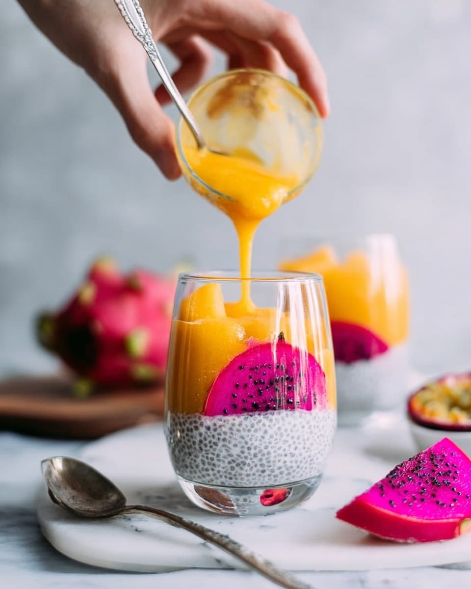 A clear glass filled with three visible layers shows a white chia pudding with tiny black seeds on the bottom, a thick layer of bright pink and white dragon fruit slice pressed against the glass in the middle, and a vibrant orange mango puree on top. A woman's hand is pouring more mango puree from a small clear bowl above into the glass. In the background, another glass with similar layers and a spoon can be seen, all placed on a white marbled surface. Pieces of dragon fruit and a knife are scattered nearby, all lit with soft, natural light. Photo taken with an iphone --ar 4:5 --v 7