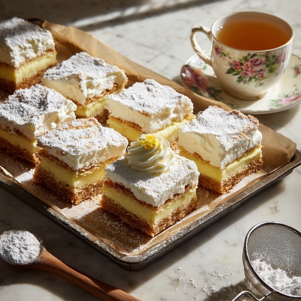 A square piece of layered cake is shown with three main layers: the bottom layer is a light brown, slightly crumbly cake base, the middle layer is thick and pale yellow creamy custard, and the top layer is a fluffy white whipped cream. The cake is dusted generously with white powdered sugar on top and a small swirl of whipped cream with a light yellow sprinkle sits in the center. The cake rests on a wooden board with a white marbled texture visible in the blurred background. Photo taken with an iphone --ar 4:5 --v 7