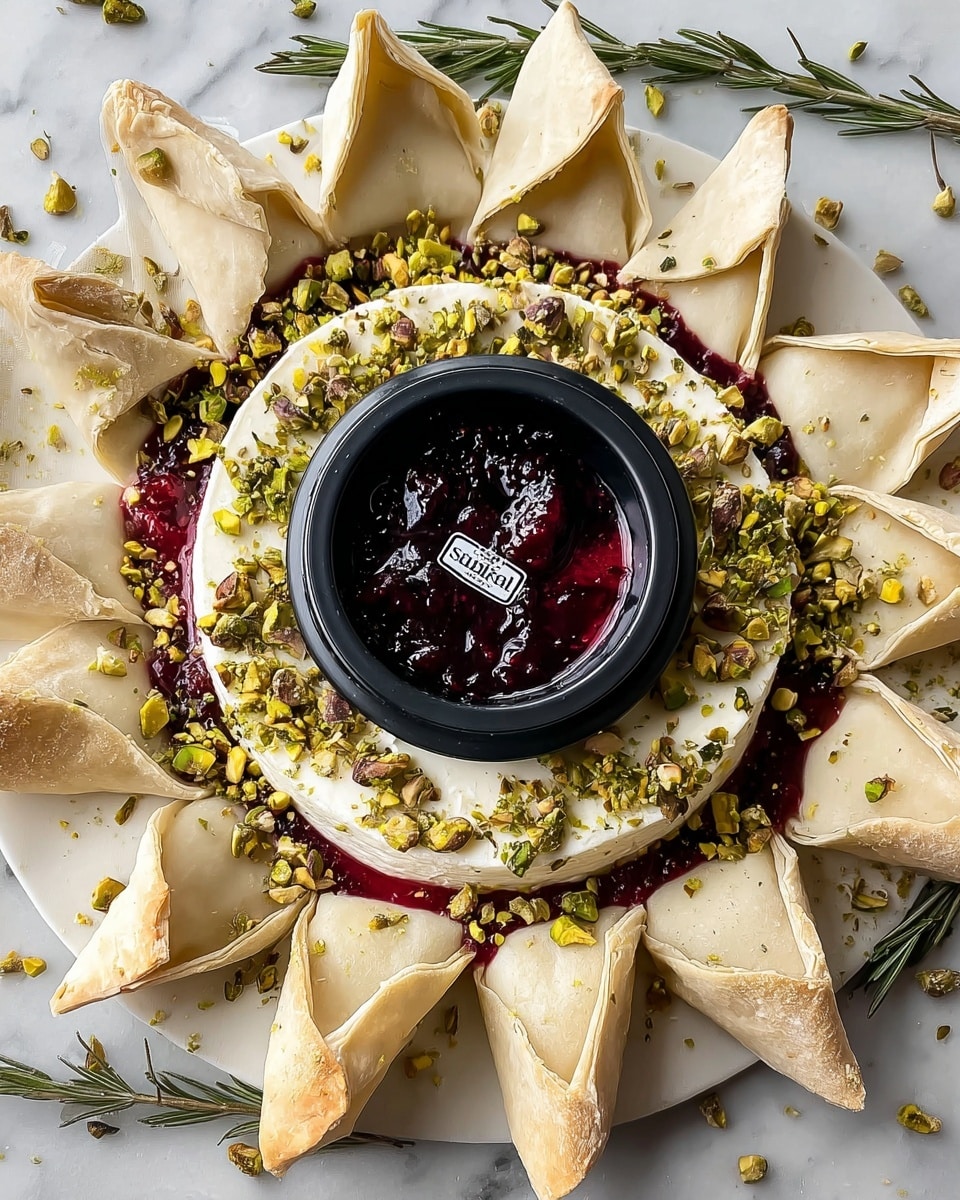 The image shows a round arrangement of rolled pastry dough triangles spread out on a white marbled surface, each triangle pale beige and textured with slight folds. In the center, there is a small black bowl placed upside down with white lettering on the bottom. Surrounding the bowl is a thick ring of red jam with a glossy, slightly chunky texture, topped by a layer of white, soft cheese slices arranged closely together. The cheese is sprinkled with green rosemary sprigs and crushed pistachio nuts scattered on top, adding pops of green and yellow tones. Photo taken with an iphone --ar 4:5 --v 7