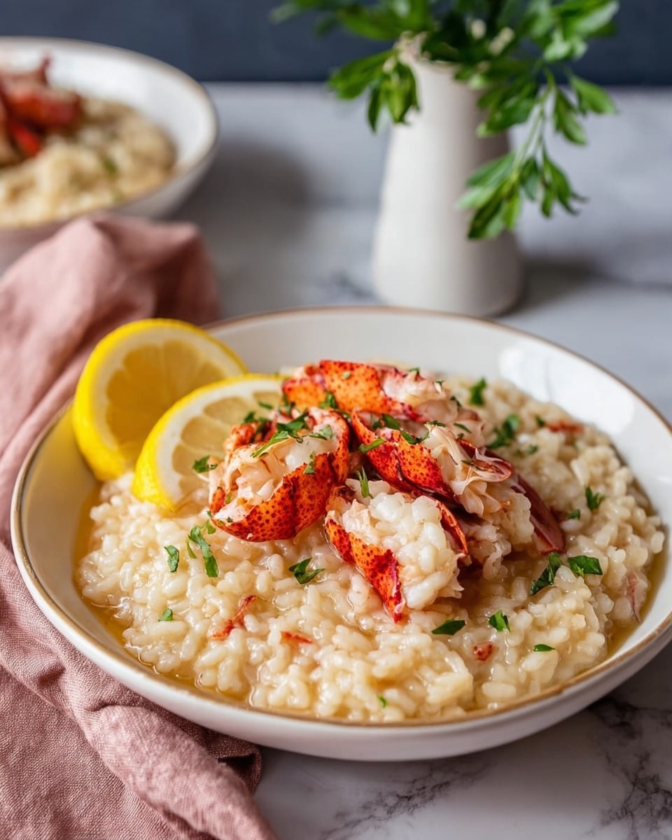 A white shallow bowl filled with creamy light beige risotto forming the bottom layer, showing a soft and slightly thick texture with small bits of herbs mixed in. On top, there are several pieces of cooked lobster meat, bright red and white with a slightly shiny and tender look, placed in the center. A thin slice of lemon with bright yellow peel and pale yellow inside slices is leaning against the lobster on the left side. The dish is set on a white marbled textured surface with a soft pink cloth beside it and a small white vase with green leafy sprigs in the background. photo taken with an iphone --ar 4:5 --v 7