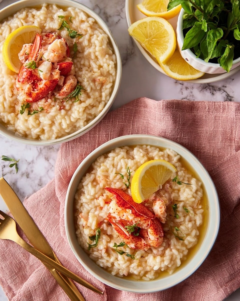The image shows two white bowls filled with creamy risotto, each bowl containing about three layers: the first layer is a soft, light beige risotto base made with plump rice grains, the second layer consists of bright red cooked lobster pieces placed at the center of the risotto, and the third layer is a thin slice of lemon garnished on the lobster. The risotto has a slightly glossy texture, with a few green herb sprinkles on top. Around the bowls, there is a pink cloth napkin, some green leafy herbs in a small white pot, and sliced lemons on a white marbled surface. A golden fork and knife are placed next to the cloth. photo taken with an iphone --ar 4:5 --v 7