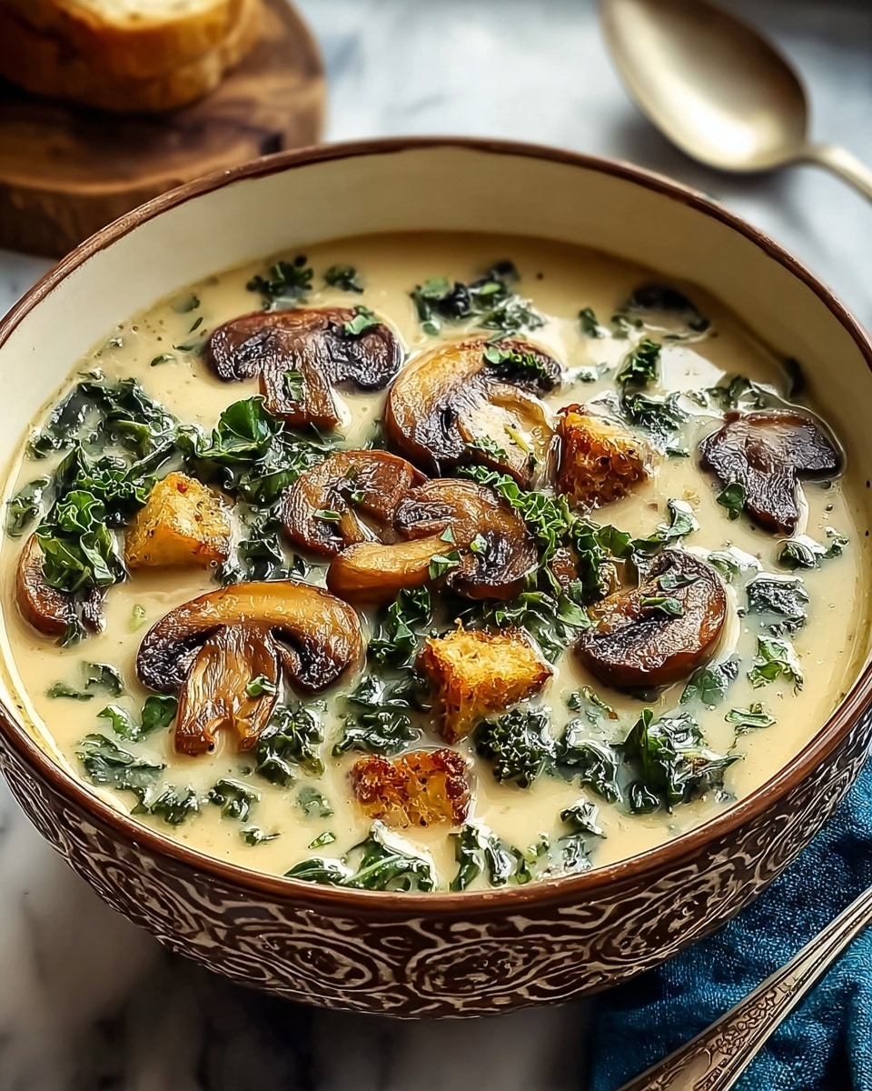 A rich creamy soup is shown in a deep white bowl with brown patterned edges, filled almost to the top. The soup base is light beige and smooth, with visible small pieces of kale leaves scattered throughout, giving a dark green color. Floating on the surface are thinly sliced sautéed mushrooms that are golden brown with slightly crisp edges, along with small cubes of tofu or a similar ingredient that are light brown and slightly crispy. The bowl is sitting on a white marbled surface, with part of a blue cloth and a silver spoon visible near the bottom right edge. photo taken with an iphone --ar 4:5 --v 7