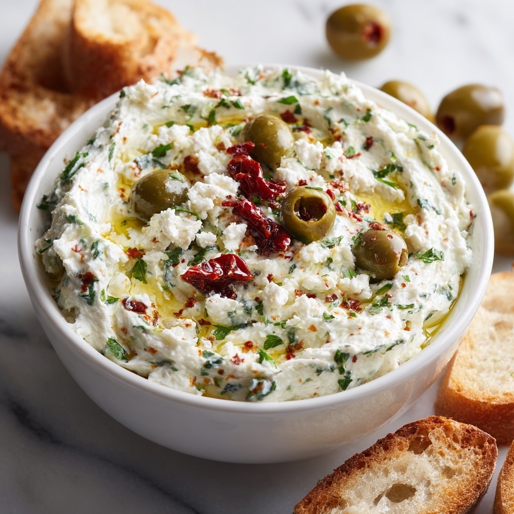 A close-up of a bowl filled with creamy white dip mixed with green herbs, giving it small green flecks throughout. The dip is topped with shiny green olives scattered on the surface, some shiny white crumbled cheese pieces, a drizzle of golden olive oil creating a glistening effect, and a few small pieces of red roasted pepper in the center. The bowl is white, placed on a white marbled surface with some green olives and crispy brown bread blurred in the background. photo taken with an iphone --ar 4:5 --v 7