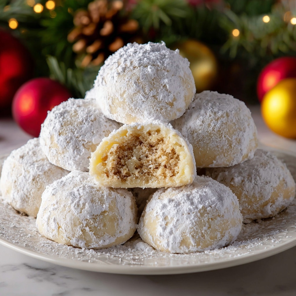 A plate holds eight round snowball cookies, each covered with a thick layer of white powdered sugar that looks soft and powdery. One cookie is open, showing a creamy, pale yellow filling inside with a crumbly, light brown base. The cookies sit close together on a white plate with a subtle pattern, placed on a white marbled surface with green pine branches, red and yellow ornaments, and pinecones softly blurred in the background, creating a cozy holiday feel. Photo taken with an iphone --ar 4:5 --v 7