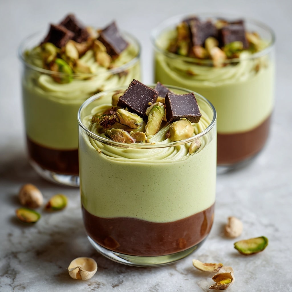 A dessert in a clear glass showing two thick layers: a smooth dark brown chocolate layer at the bottom and a creamy light green pistachio layer swirled on top, garnished with small chunks of dark chocolate and whole pistachio nuts scattered over the green layer. The glass is placed on a white marbled surface with a soft blurred background. Photo taken with an iphone --ar 4:5 --v 7