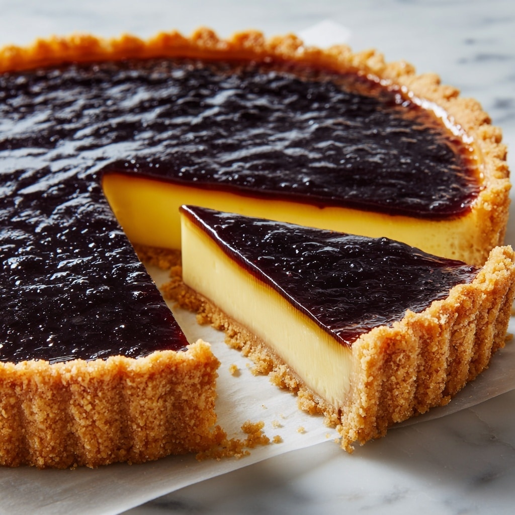 A single slice of tart is shown on a white plate with a thin gold rim, placed on a white marbled surface. The tart has three clear layers: a lightly golden brown crust at the bottom with a crumbly texture, a thick smooth pale yellow custard-like filling in the middle with tiny darker specks, and a glossy deep purple jelly layer on top that looks shiny and slightly reflective. The edges of the crust are crimped, giving a wavy pattern around the tart. The lighting highlights the smoothness and shine of the top purple layer. photo taken with an iphone --ar 4:5 --v 7