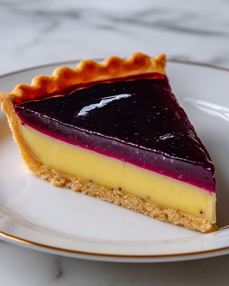 A tart with three clear layers sits on white parchment on a white marbled surface. The bottom layer is a light tan crumbly crust with a slightly rough texture and scalloped edges. Above, a smooth, bright yellow layer forms the thick middle section, topped by a shiny, dark purple jelly-like layer that looks glossy and slightly translucent. A wedge slice is removed to show the clean, sharp layers inside. Photo taken with an iphone --ar 4:5 --v 7