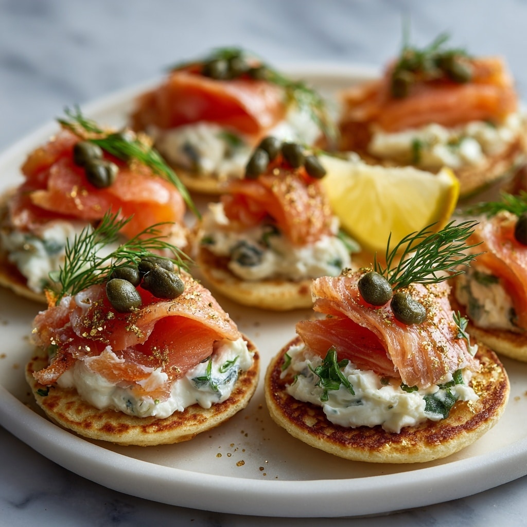 A white plate holds seven small round blini with three layers each: a golden-brown base, a folded pink slice of smoked salmon in the middle, and a small dollop of white cream on top, finished with a sprig of green dill placed neatly on each cream dollop; a white bowl filled with white sauce with brown spots around the rim and a gold spoon inside sits on the side; the background surface is a white marbled texture, and a woman's hand is gently seen holding the spoon, ready to serve the sauce. photo taken with an iphone --ar 4:5 --v 7