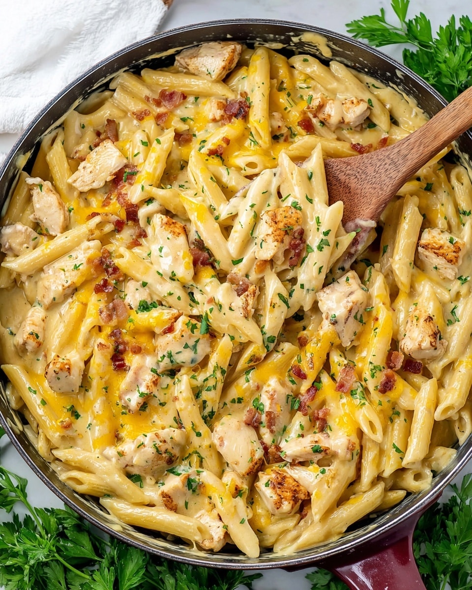 The image shows a large pan filled with creamy chicken and penne pasta, mixed with melted bright yellow cheddar cheese. The penne pasta is pale yellow and soft, coated in a smooth, creamy sauce. Bite-sized chunks of white chicken meat are scattered evenly throughout. There are also bits of crispy bacon and finely chopped green herbs sprinkled on top. The surface is slightly glossy from the melted cheese, and a wooden spoon is lifting some pasta from the pan. The pan rests on a white marbled surface with fresh green parsley leaves nearby. Photo taken with an iphone --ar 4:5 --v 7