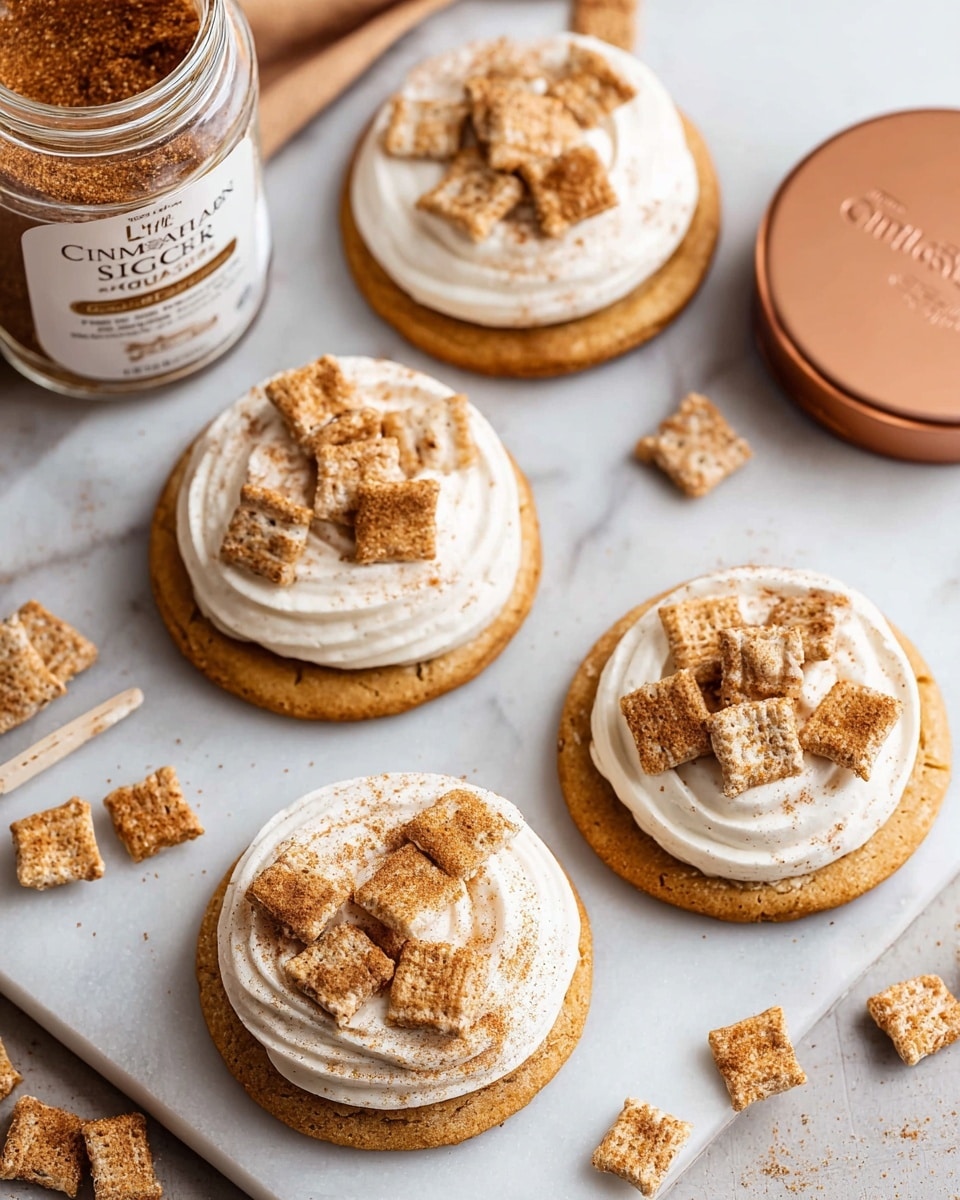 The image shows a close-up of a single cookie on a white marbled surface. The cookie is golden brown with a smooth, creamy layer of white frosting spread evenly on top. On one side, clusters of small, square, light brown cereal pieces are piled, adding texture and contrast to the smooth frosting. A light dusting of cinnamon or spice powder is scattered over the frosting, giving it a slightly speckled look. In the background, parts of two more cookies with similar frosting and cereal topping are visible but out of focus, keeping the main cookie as the center of attention. photo taken with an iphone --ar 4:5 --v 7