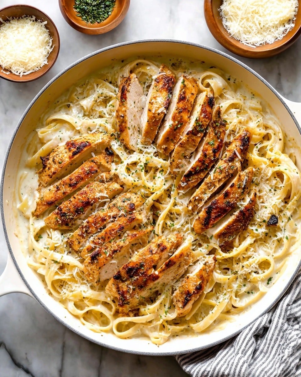 The image shows a bowl of creamy pasta topped with a grilled piece of chicken. The pasta is long and coated in a thick creamy sauce with a beige color. The grilled chicken is placed on top, with a brown and slightly charred surface and grill lines visible. Small green herbs are sprinkled over the chicken and pasta. The bowl is white and sits on a white marbled surface. Photo taken with an iphone --ar 4:5 --v 7