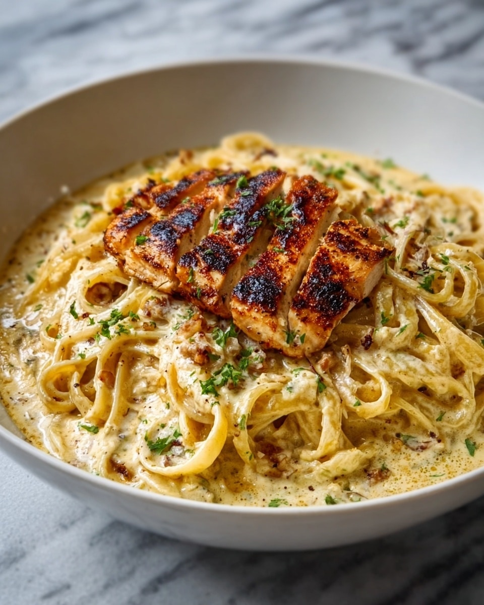 A white deep pan filled with creamy white fettuccine pasta forms the base layer, coated in a smooth sauce. On top, there are several pieces of golden-brown grilled chicken breast, sliced into strips and laid evenly across the pasta. The chicken has a slightly charred texture with visible seasoning and grill marks. Sprinkled over the dish are small green herb flakes and grated white cheese, adding a touch of color and texture contrast. The dish is placed on a white marbled surface with small bowls of grated cheese and seasoning nearby, and part of a striped cloth napkin visible at the corner. Photo taken with an iphone --ar 4:5 --v 7