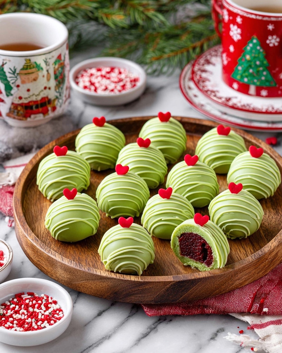 A white rectangular plate holding a pile of green truffle balls arranged in a pyramid shape, each ball coated in a smooth light green layer with dark green swirled lines drizzled on top. Small red heart-shaped decorations are scattered evenly on the truffles. One truffle at the top is cut open to show a rich, dark chocolate center with a creamy texture. The plate is set on a white marbled surface with blurred red and green Christmas ornaments in the background, creating a festive atmosphere. Photo taken with an iphone --ar 4:5 --v 7