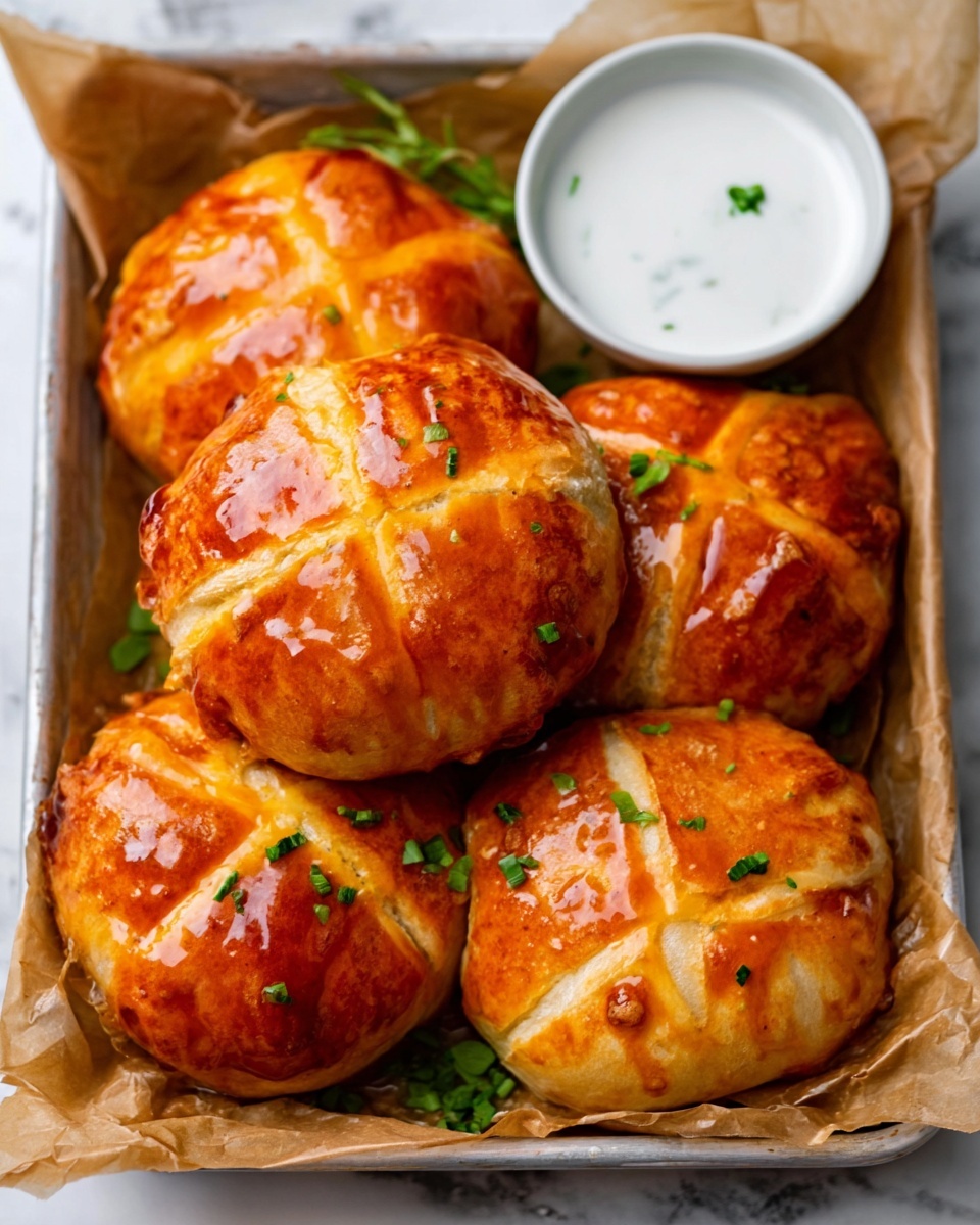 The image shows a close-up of soft, round orange buns arranged on a white plate, placed on a white marbled surface. One bun is broken open, revealing a fluffy, creamy orange filling inside. The buns have shiny red sauce drizzled on top, with small green garnish scattered over them. There is a small white bowl filled with white creamy sauce beside the buns. A woman's hand is gently holding the opened bun, showing its soft texture. The colors are warm with orange, red, green, and white tones. photo taken with an iphone --ar 4:5 --v 7