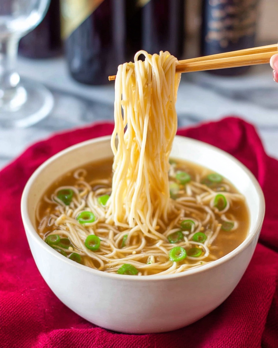A white bowl filled with light yellow, curly cooked noodles sitting in clear broth occupies most of the image. On the left side of the bowl, there is a poached egg with a soft, white texture partially submerged near the noodles. Bright green, thinly sliced scallions are placed neatly next to the egg. A woman's hand is holding light brown wooden chopsticks, grasping some noodles from the right side of the bowl. The bowl rests on a white marbled surface with some blurred green vegetables in the background. Photo taken with an iphone --ar 4:5 --v 7