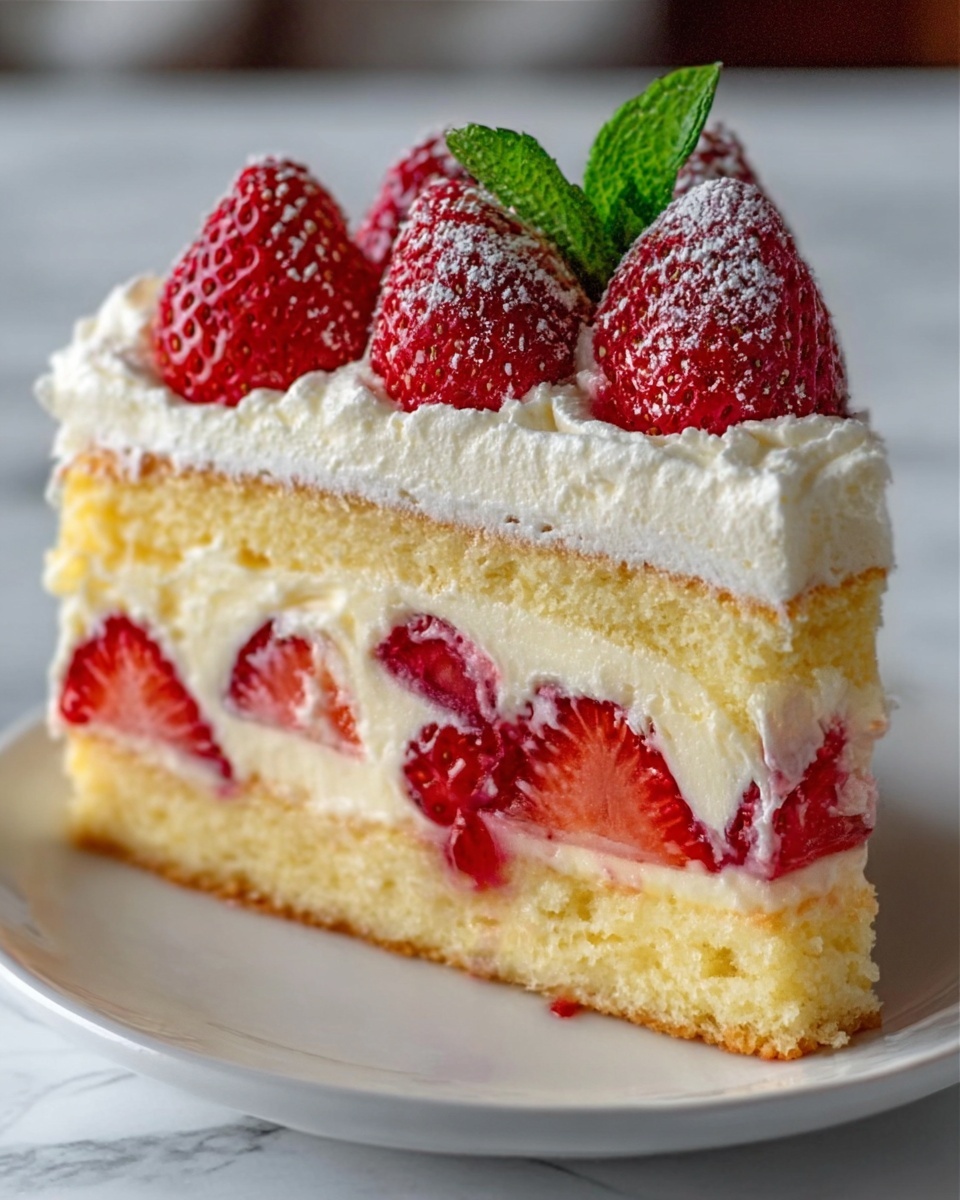 The image shows a round cake with two layers, each layer filled with cream and strawberry pieces. The outside is covered in smooth white cream with vertical rows of sliced strawberries around the base. The top of the cake is decorated with thick swirls of white whipped cream and a pile of whole and sliced strawberries in the center. The cake sits on a white marble surface, with a white jug and a bowl of strawberries in the background. A woman's hand holds a slice of cake on a white plate with a golden fork beside it, ready to eat. photo taken with an iphone --ar 4:5 --v 7