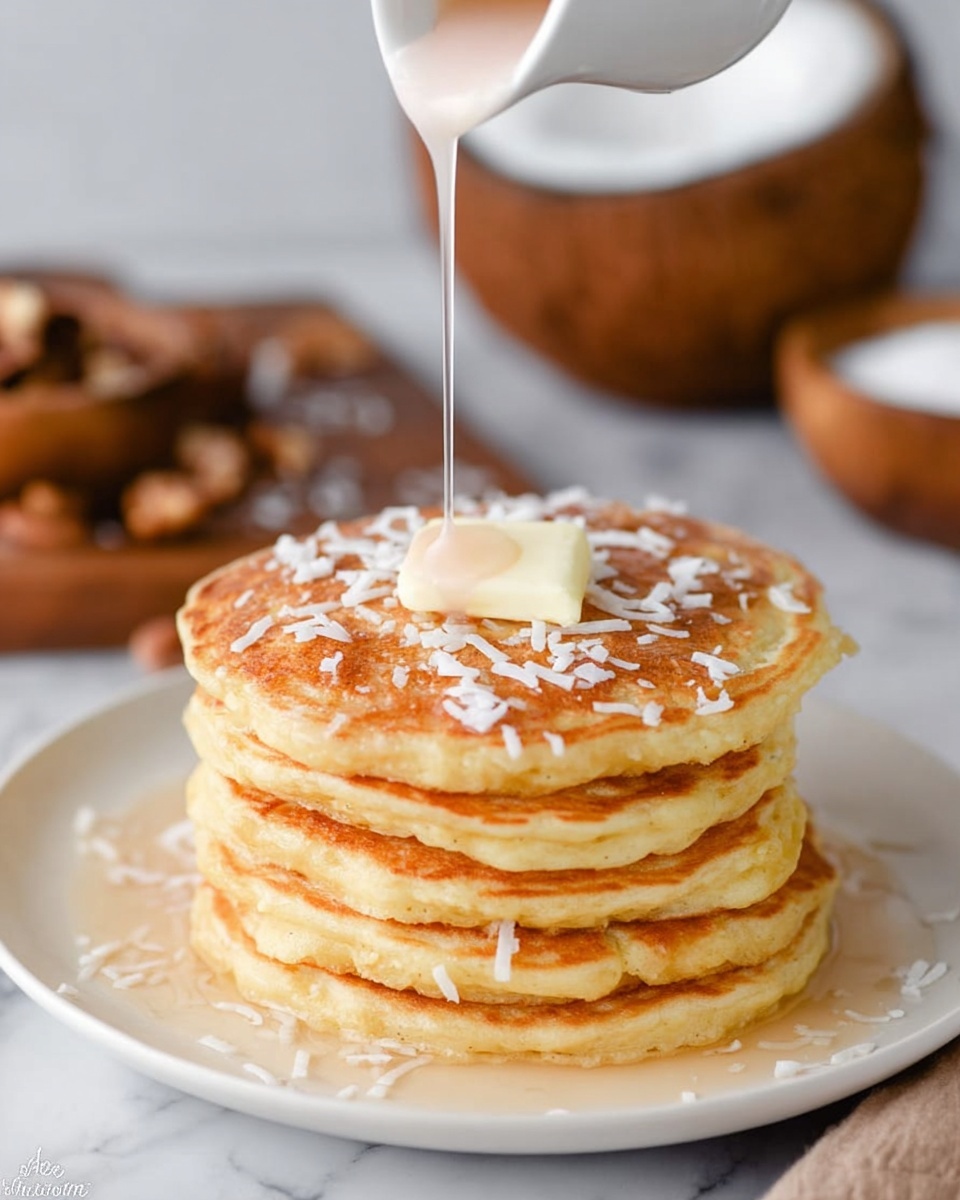 A stack of three thick, golden brown pancakes sits at the center of a white plate with a scalloped edge. The pancakes show slight crispy darker edges and soft fluffy interiors visible between the layers. Thin, white coconut flakes are scattered on top, adding texture and contrast to the warm-toned surface. A small amount of syrup glistens around the bottom pancake, pooling slightly on the white plate. The background has a white marbled texture. photo taken with an iphone --ar 4:5 --v 7
