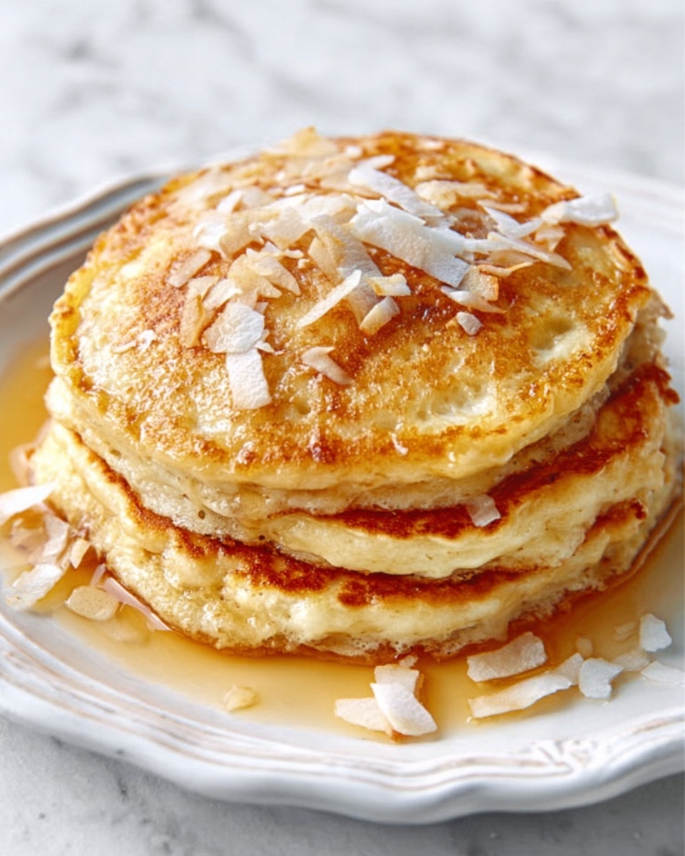 A stack of five thick, golden-brown pancakes sits on a white plate with a white marbled texture surface underneath. On top of the pancakes, there is a square of melting butter with white syrup being poured over it, flowing down the sides in a smooth, shiny stream. Small white coconut flakes are scattered over the entire stack, adding texture and color contrast. The background shows blurred wooden bowls with coconut flakes and nuts. Photo taken with an iphone --ar 4:5 --v 7