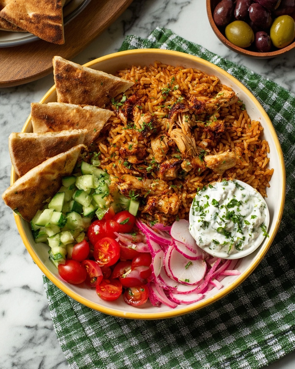 A green pan filled with a mix of cooked yellow-brown rice and nine pieces of golden brown, glazed chicken arranged on top and throughout the rice, with visible small bits of cooked onion and green herbs mixed in; a wooden spoon rests on the left edge of the pan, partially submerged in the rice. Behind the pan, there is a white bowl containing a fresh salad made up of chopped red tomatoes, green cucumber slices, and thin purple onion strips, all resting on a white marbled surface with a green and white checkered cloth nearby. photo taken with an iphone --ar 4:5 --v 7