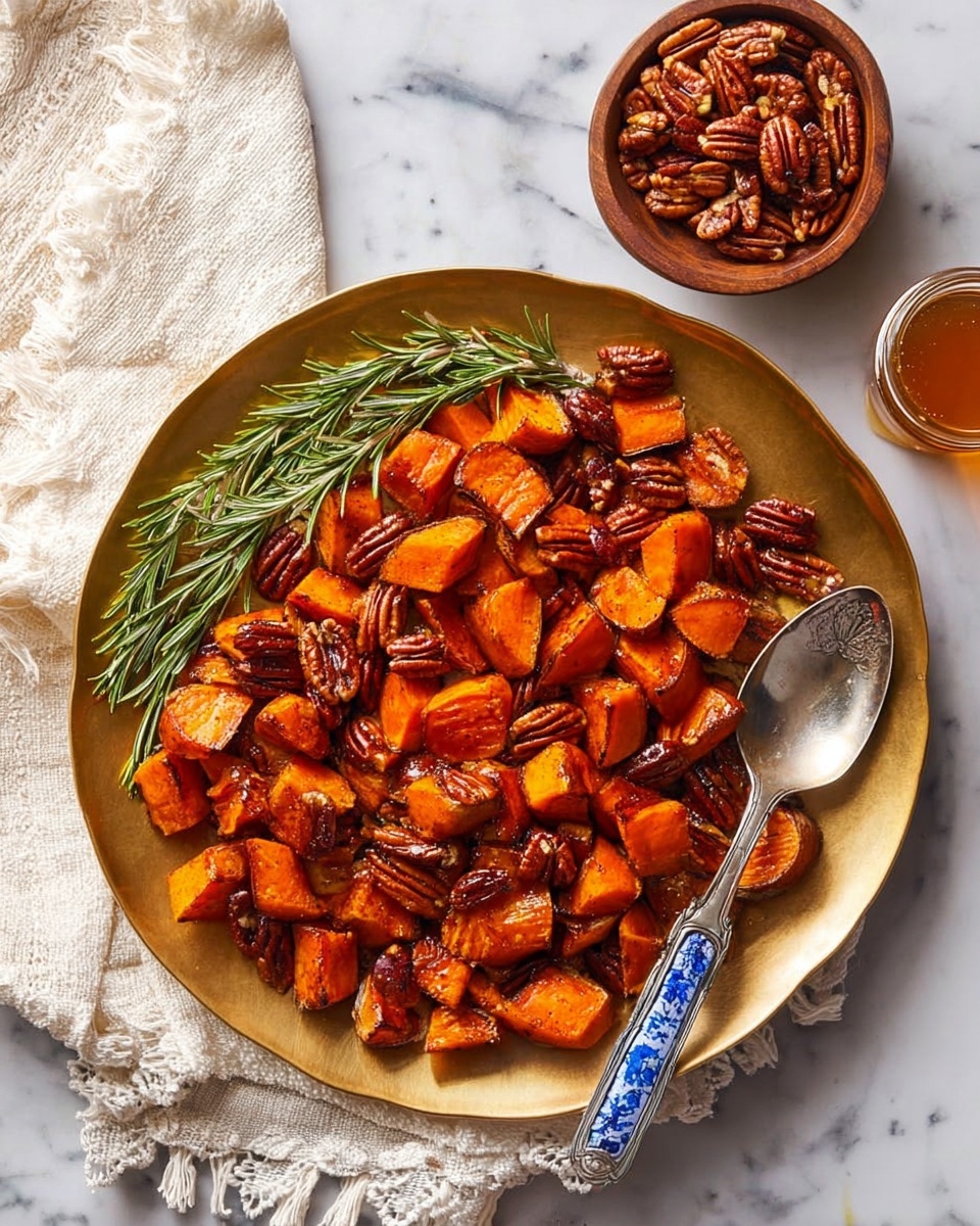 The image shows many pieces of orange roasted sweet potatoes cut into uneven cubes with their skins mostly on, spread out on a baking tray lined with parchment paper. A woman's hand is seen pouring a golden-brown syrup or glaze in a thin stream from a brown bowl onto the potatoes. The sweet potatoes have a slightly crispy, roasted surface. The background is a white marbled texture. Photo taken with an iphone --ar 4:5 --v 7