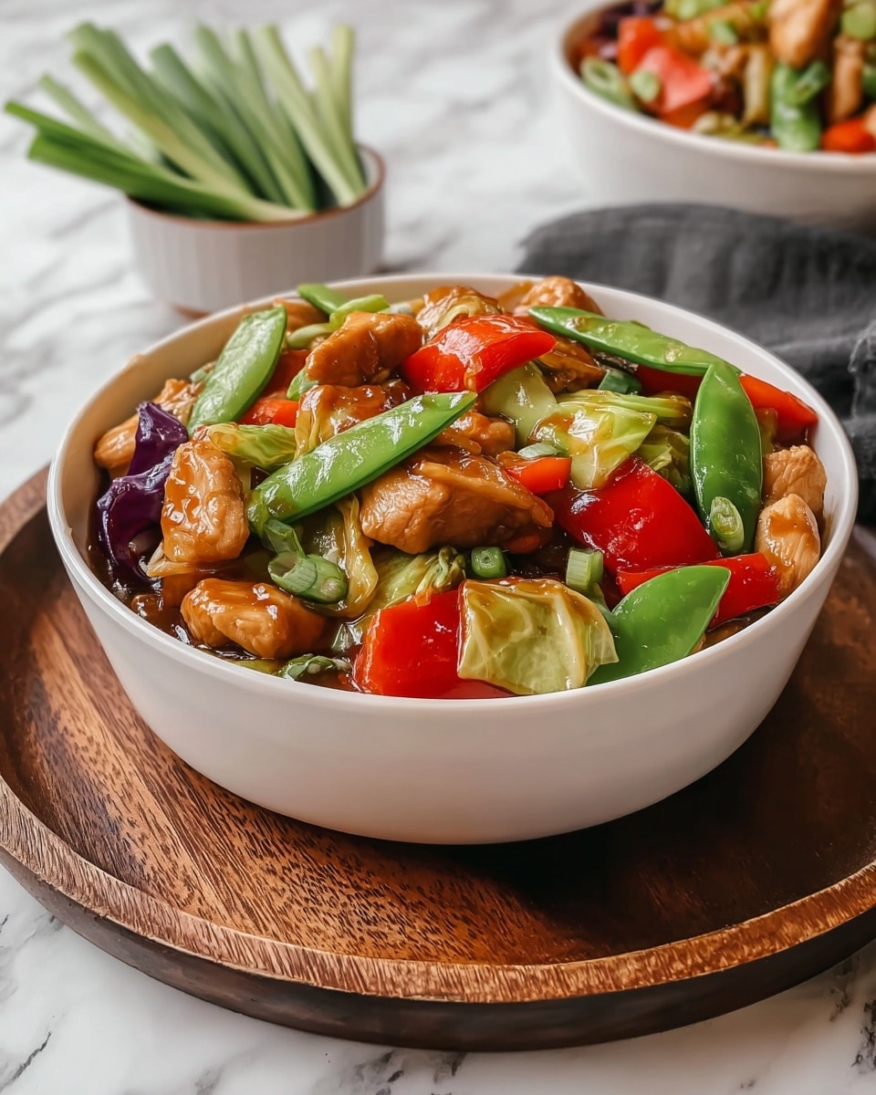 A white bowl filled with a colorful stir-fry dish placed on a dark wooden round board over a white marbled surface. The stir-fry has bright green snow peas, vibrant red bell pepper slices, light green cabbage pieces, and chunks of golden-brown chicken all mixed in a glossy brown sauce that looks thick and savory. In the background, there is another small white bowl containing fresh green onion sticks. photo taken with an iphone --ar 4:5 --v 7