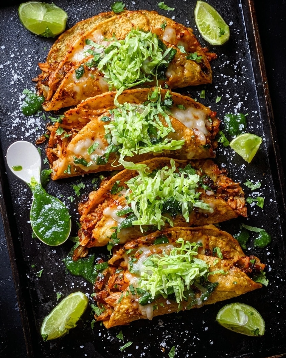 Two tacos sit on brown parchment paper on a black baking tray, placed on a white marbled surface. The taco on the left has one soft white corn tortilla topped with shredded cooked chicken mixed with red sauce and small bits of finely chopped greens scattered around. The taco on the right has one soft white corn tortilla loaded with a thick layer of finely shredded white cheese. Two lime wedges rest near the bottom of the tray. The scene is well lit and natural. photo taken with an iphone --ar 4:5 --v 7