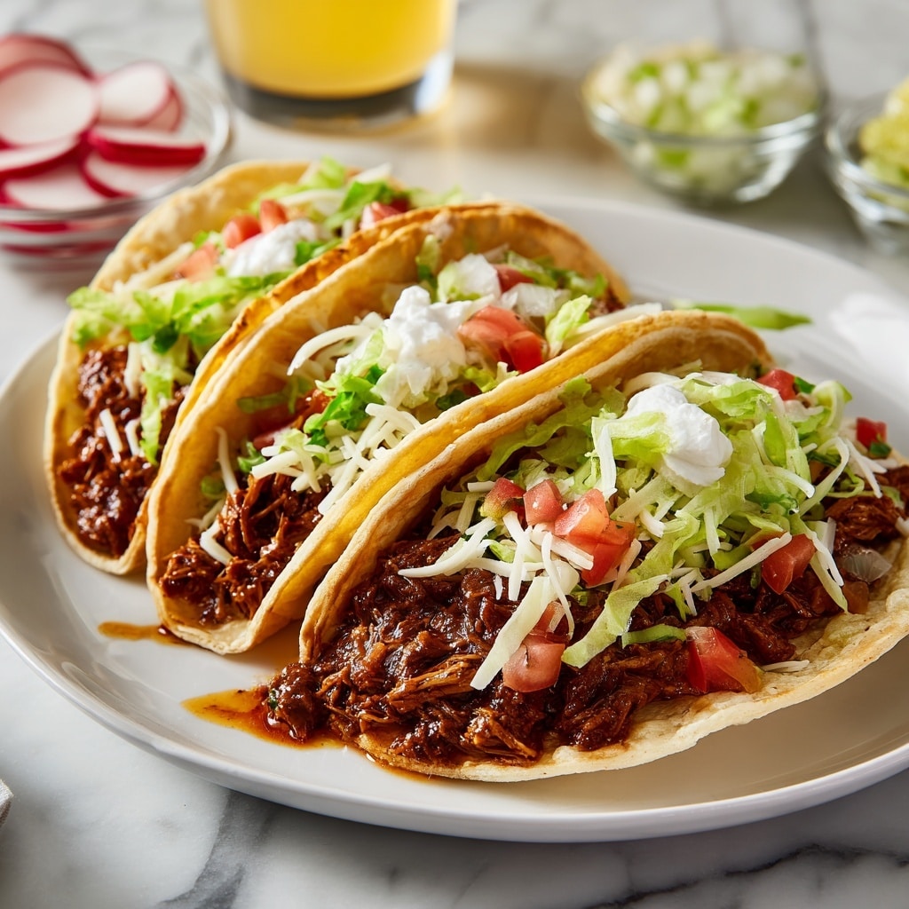 A crunchy taco shell filled with shredded, dark brown meat coated in a rich sauce forms the base layer, topped with shredded white cheese and thin strips of fresh green lettuce. Added are small chunks of red tomato, finely chopped onions, and a dollop of white sour cream on top. Some sauce has spilled onto the white marbled surface beneath. There is a blurred yellow background, likely a drink, behind the taco. Photo taken with an iphone --ar 4:5 --v 7
