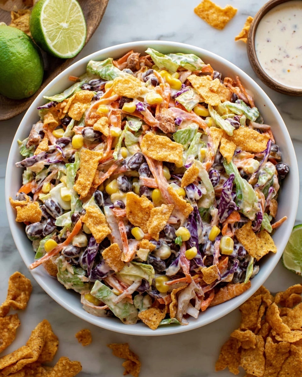 A white bowl filled with a colorful salad featuring layers of shredded green and purple cabbage, bright orange shredded carrots, yellow corn kernels, and black beans, all mixed with a light creamy dressing. On top, there are scattered crushed orange corn chips adding crunch. The bowl sits on a white marbled surface with half a lime and a small white bowl of dressing nearby, and additional corn chips placed around. photo taken with an iphone --ar 4:5 --v 7
