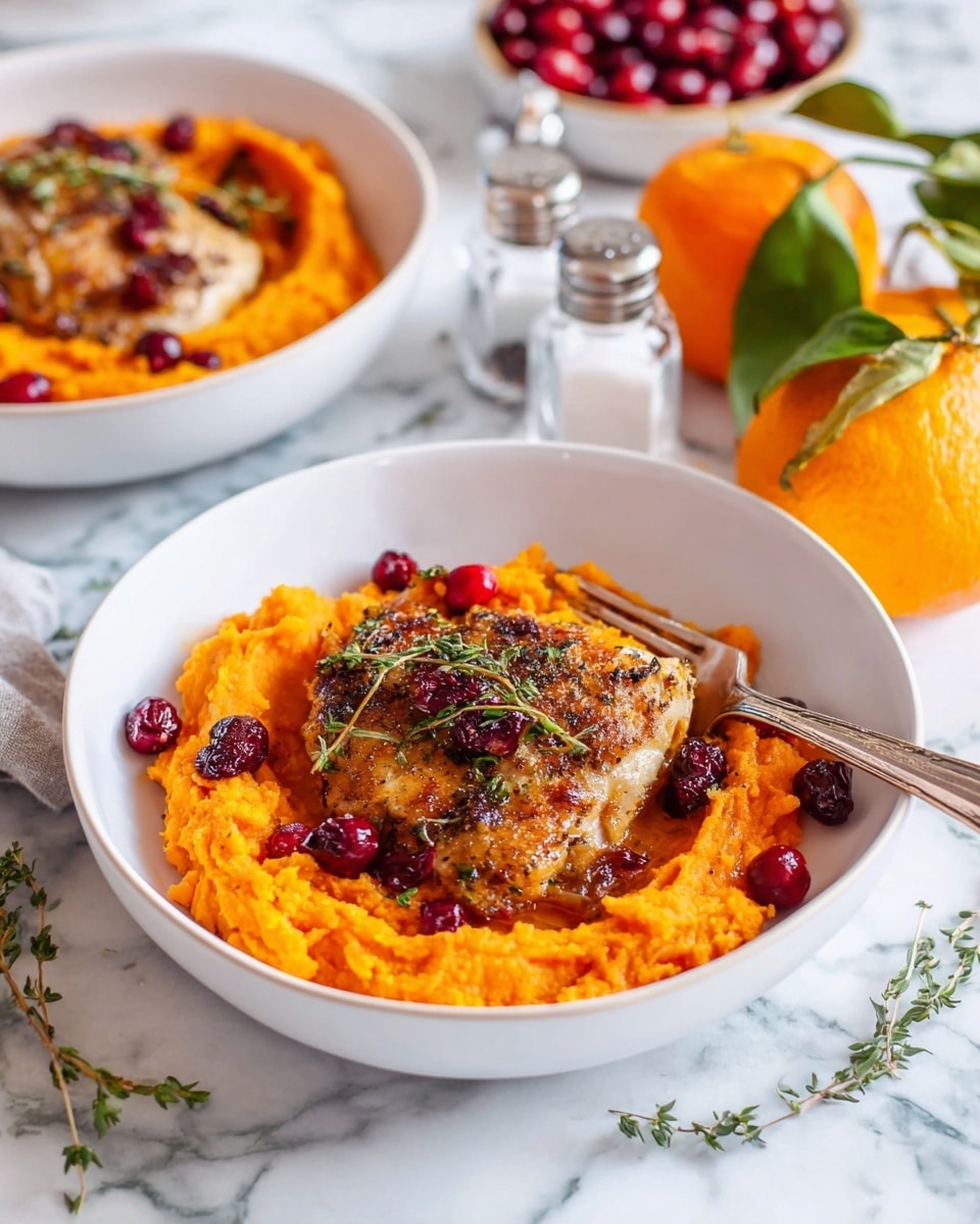 The image shows a white oval baking dish filled with four browned chicken thighs, each topped with herbs and spices, arranged over a rich orange-brown sauce. The sauce contains round slices and small wedges of bright orange citrus fruits and whole red cranberries, adding pops of color. There are also caramelized onion pieces nestled among the chicken. A shiny silver spoon is partially lifted from the dish, scooping some sauce and a citrus slice. The baking dish sits on a white marbled surface, surrounded by fresh orange slices, whole oranges with green leaves, sprigs of rosemary, and a clear salt and pepper shaker set. Photo taken with an iphone --ar 4:5 --v 7