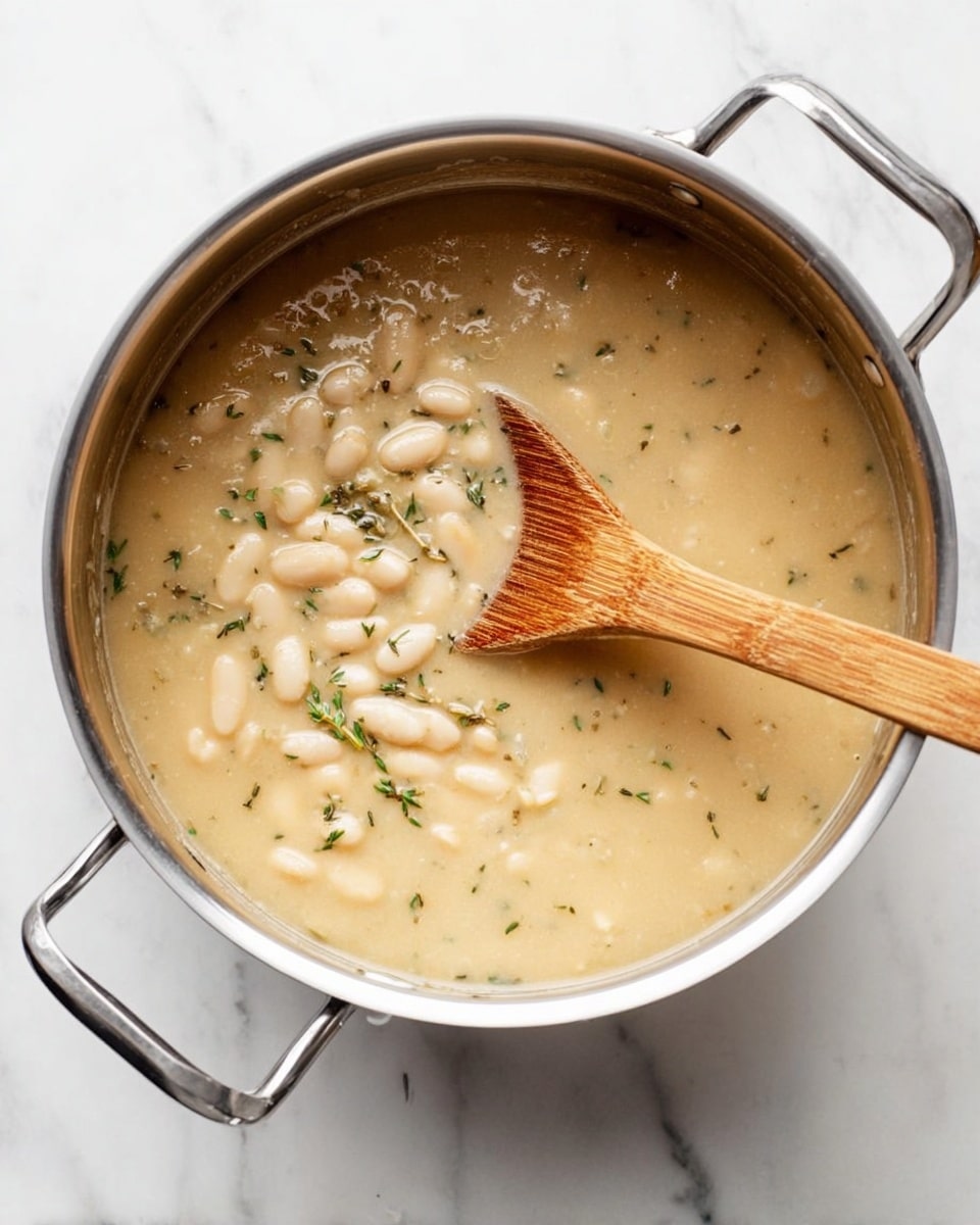 A white cup filled with creamy beige soup, topped with a small cluster of roasted golden-brown garlic cloves in the center, sprinkled lightly with chopped green herbs and grated cheese, showing a slightly grainy texture. The cup has a decorative silver spoon resting inside the soup. Behind the cup, two pieces of toasted golden-brown bread with visible char marks are placed on a white marbled surface with some scattered green herbs around. Photo taken with an iphone --ar 4:5 --v 7