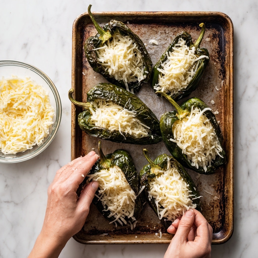 A white oval ceramic baking dish holds two stuffed poblano peppers covered with a thick layer of melted cheese that is golden brown and bubbly on top, with melted cheese flowing around the edges of the dish. The peppers are deep green, slightly wrinkled from roasting, and garnished with small pieces of chopped fresh cilantro scattered across the cheese. The background is a white marbled texture, and a small white bowl filled with cilantro is partially visible in the top right corner. Photo taken with an iphone --ar 4:5 --v 7