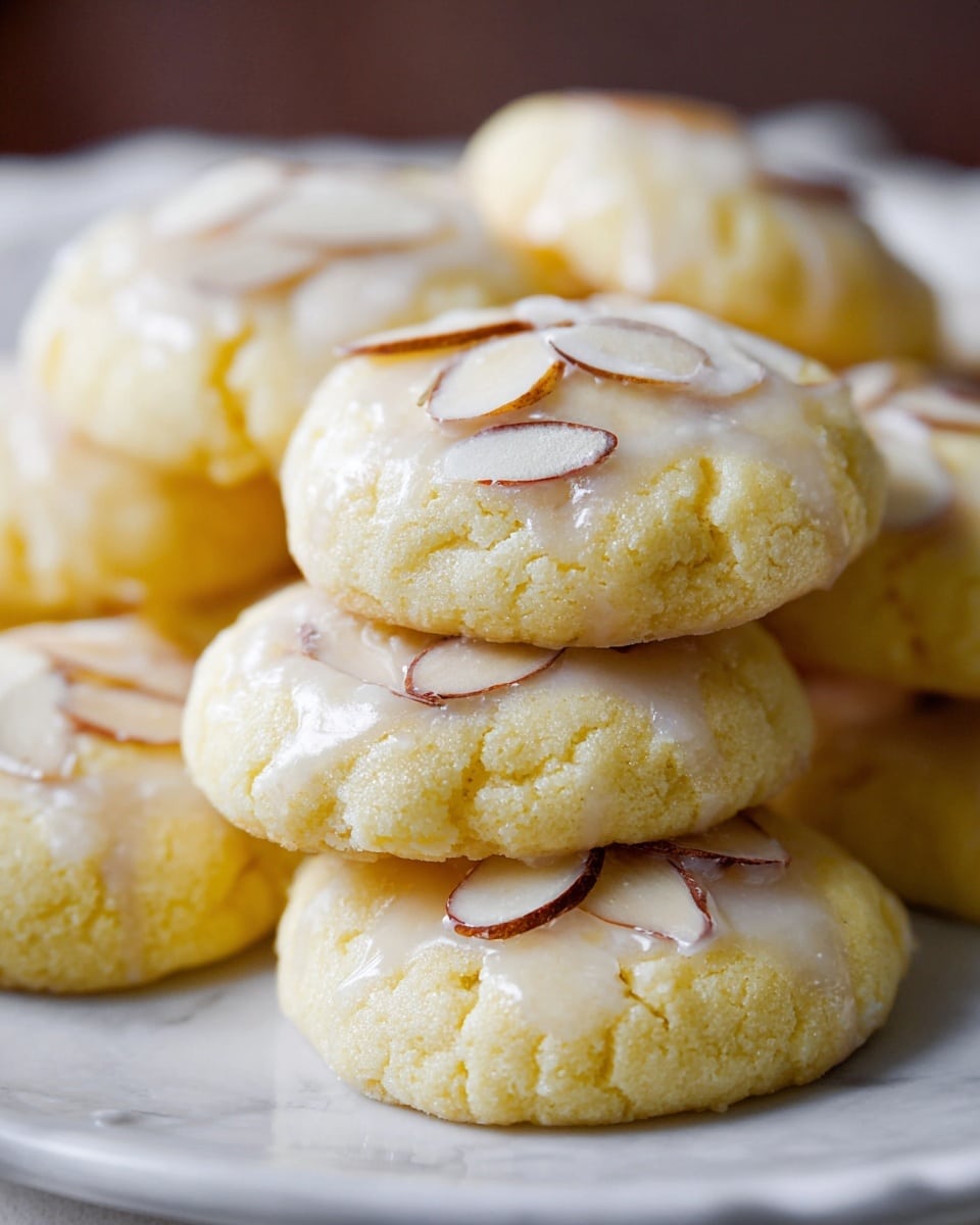 The image shows a close-up view of a stack of soft, round cookies placed on a white plate, all set on a white marbled surface. Each cookie has a pale yellow color with a slightly uneven, soft texture. The top of the cookies is coated with a light glaze that shines gently, and each cookie is topped with thin, oval-shaped almond slices that add a subtle contrast of brown and white. The stack has about six cookies, with more cookies blurred in the background to create depth. The overall look is cozy and inviting. Photo taken with an iphone --ar 4:5 --v 7
