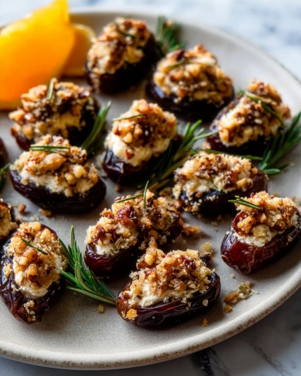 The image shows a white plate with a rough brown surface filled with about twenty dates cut in half and arranged in a circular pattern. Each date has three visible layers: the bottom layer is the dark reddish-brown, wrinkled outer skin of the date; the middle layer is soft white cheese filling, roughly sculpted and slightly spilling out; and the top layer is a chunky mix of chopped nuts in golden-brown tones, lightly toasted, with bits of herbs scattered on top. Small sprigs of green rosemary are placed on the plate between the dates, and there is a slight shine from honey or syrup glistening on the nuts and plate. The whole scene is bright and textured, set against a white marbled surface. photo taken with an iphone --ar 4:5 --v 7