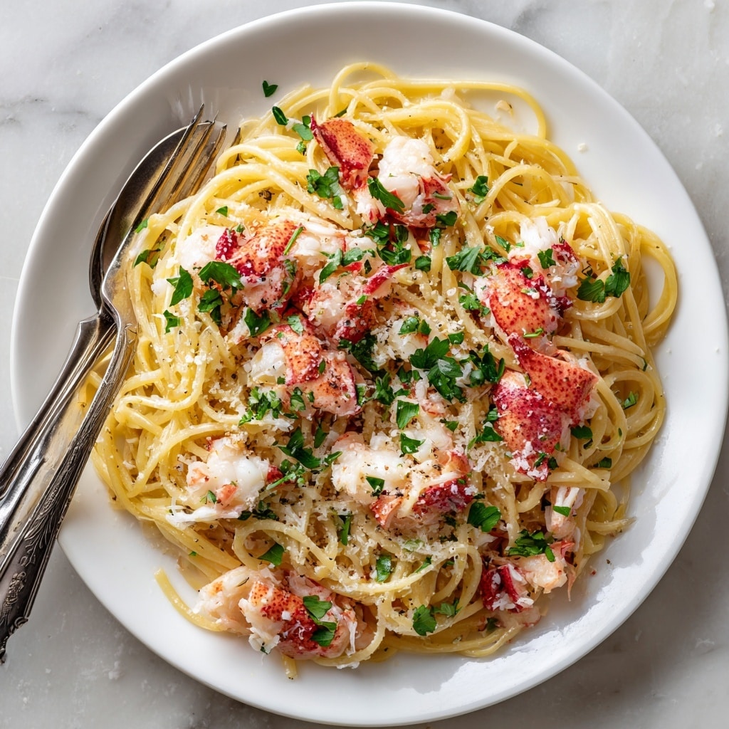 A white plate holds creamy pasta coated in thick, smooth white sauce with visible strands of fettuccine pasta in light yellow. Scattered on top are several chunks of bright red lobster meat providing contrast, along with a sprinkling of finely chopped green herbs and black pepper. The dish looks rich and inviting with a slight shine from the sauce covering each pasta strand. A silver spoon and fork rest on the edge of the plate. The meal is set on a white marbled textured surface. photo taken with an iphone --ar 4:5 --v 7