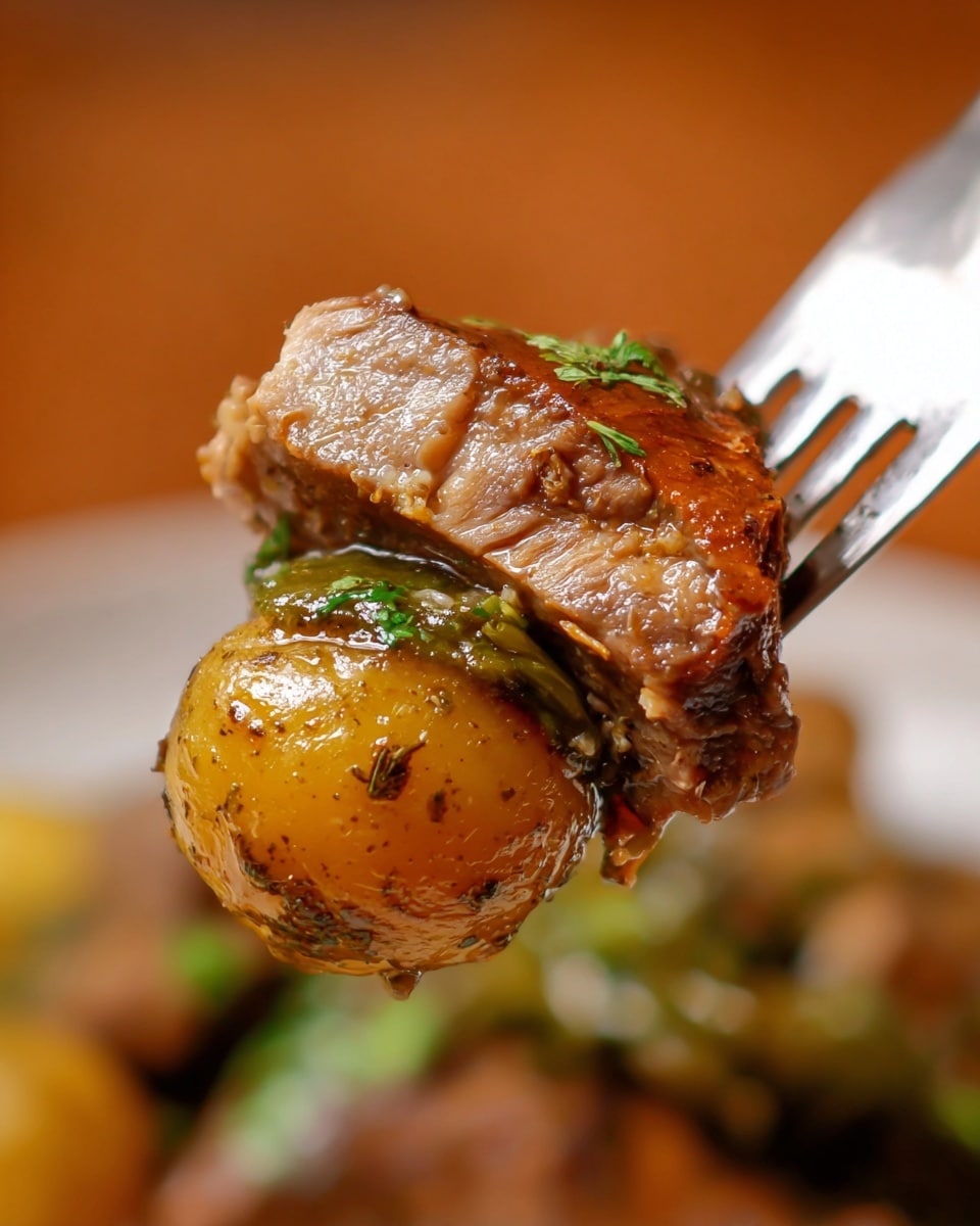 A close-up view of a single cooked chicken breast piece, richly coated with a dark, textured herb and spice crust, sitting on top of a mix of cooked vegetables. The vegetables beneath include round brown mushrooms, bright green Brussels sprouts, and browned, tender root vegetables, all glistening with a light sauce. The dish is served on a white plate with a green patterned rim, placed on a white marbled textured surface in soft natural light. photo taken with an iphone --ar 4:5 --v 7