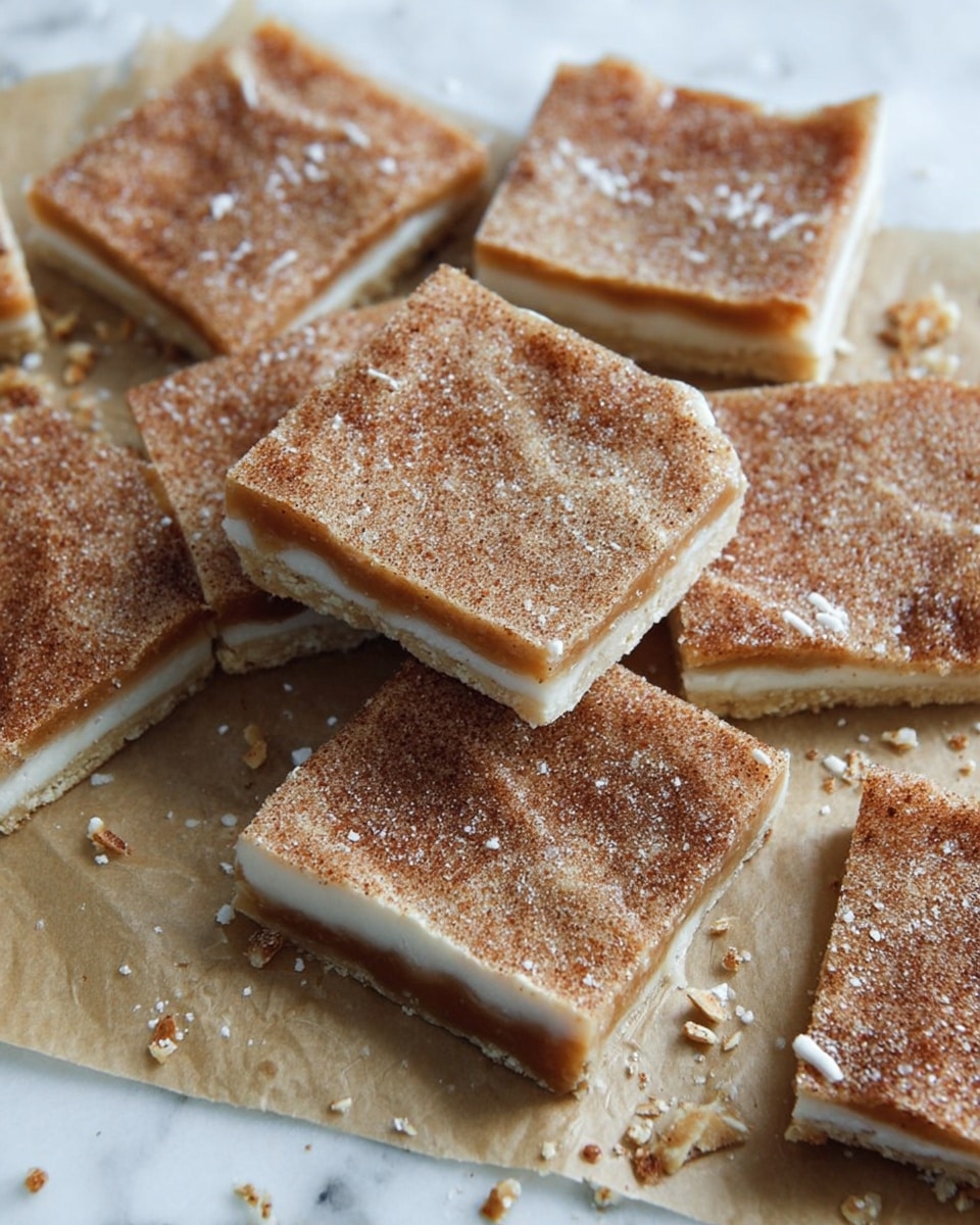 A close-up of a square dessert stack showing seven layers, each consisting of a light beige cracker-like base alternated with smooth, creamy white filling and a thick layer of golden caramel glaze on top, which is slightly dripping at the edges. The top surface is sprinkled with a powdery cinnamon sugar topping giving a textured brown look. The stack sits on light brown parchment paper with small crumbs scattered around it. Additional square pieces with the same layer pattern are blurred in the background on a white marbled surface. photo taken with an iphone --ar 4:5 --v 7