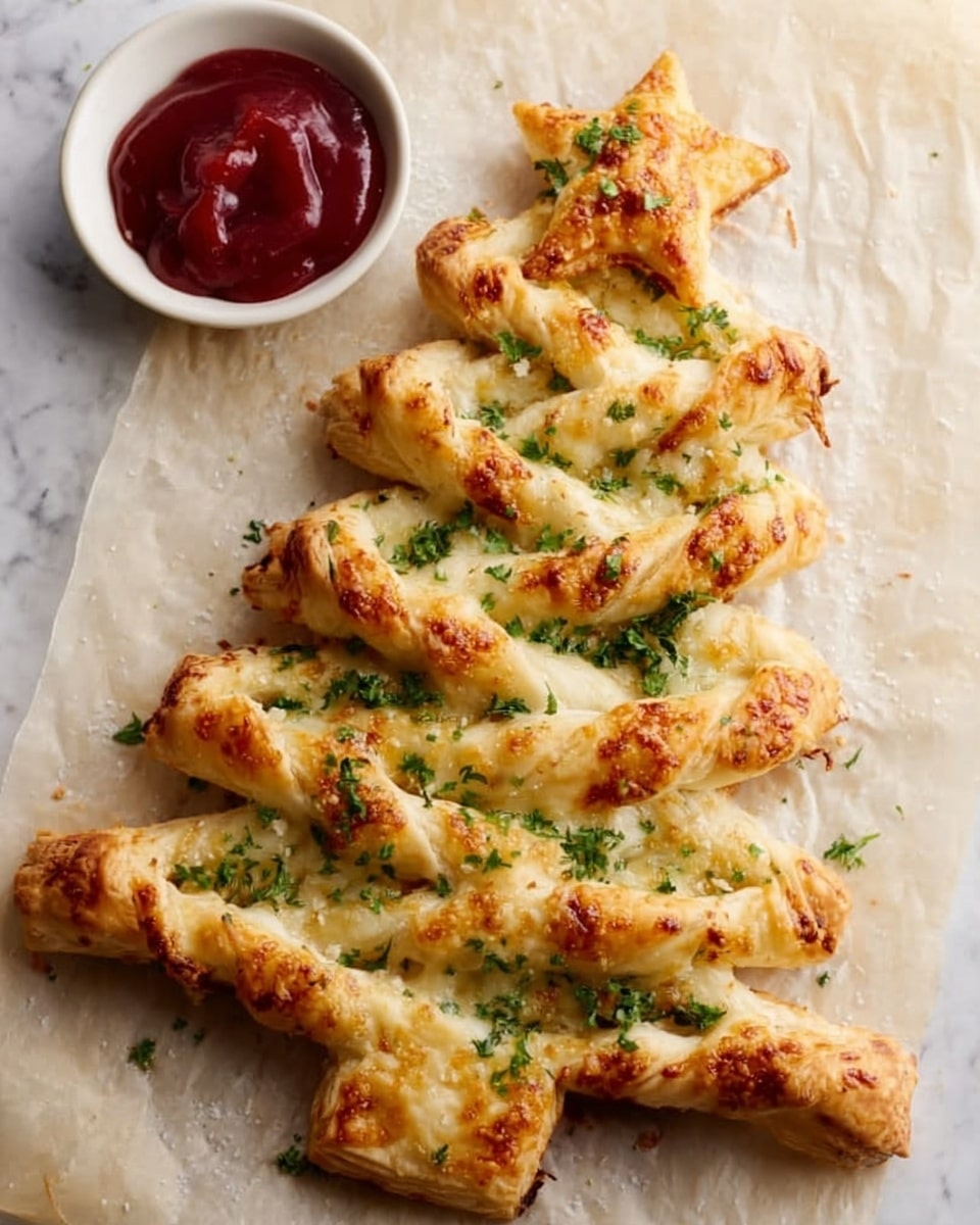The image shows a baked puff pastry shaped like a Christmas tree, placed on parchment paper over a white marbled surface. The pastry has a main triangle layer for the tree body, golden brown and flaky, with twisted side branches filled with melted cheese and herbs, creating a textured look. Two star-shaped pastry pieces, one at the top and one at the bottom trunk part of the tree, add extra decoration. The entire pastry is sprinkled with fresh green chopped herbs, giving a fresh contrast to the golden crust. A small round metal cup with red dipping sauce sits on the top left corner. photo taken with an iphone --ar 4:5 --v 7
