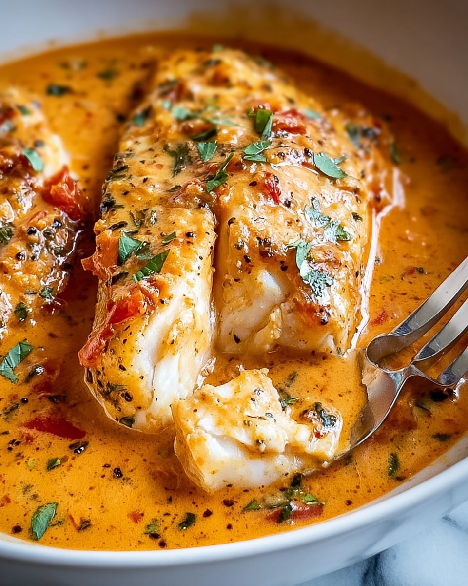 The image shows a black pan filled with a creamy orange sauce mixed with small green herb pieces and red pepper slices. On top, there are two thick white fish fillets that have black specks from seasoning. The fish is partially covered with the sauce, and there is a sprinkle of chopped fresh green herbs on top, adding a fresh contrast to the warm colors. The pan is placed on a white marbled surface. photo taken with an iphone --ar 4:5 --v 7