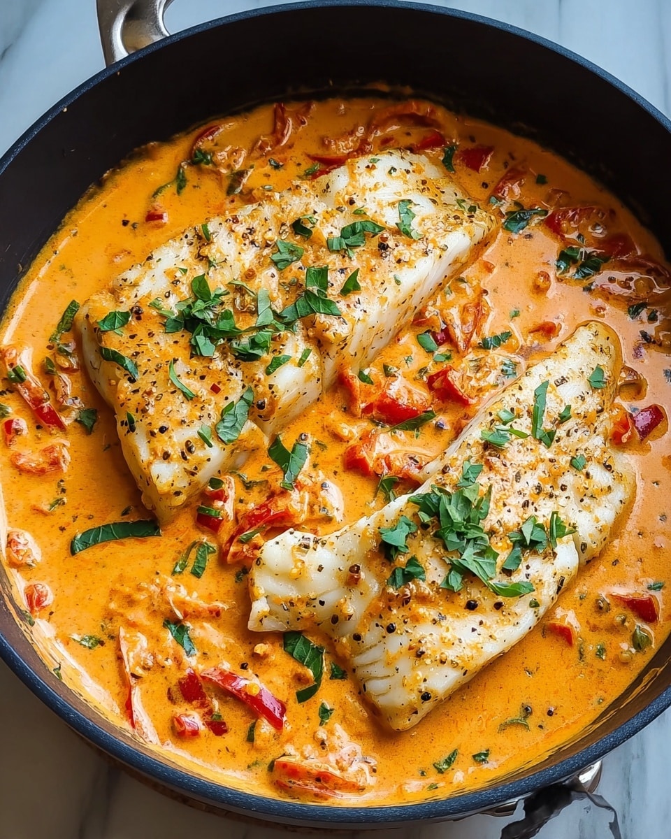 The image shows a close-up of a thick piece of white fish in a creamy orange sauce that has bits of herbs and red tomato pieces. The fish is split open to show its white flaky inside with the sauce covering the fish and pooling around it. Green herb leaves are sprinkled on top and the sauce has a slightly chunky texture with visible black pepper. A metal fork is holding one part of the fish from the right side. The dish is in a white bowl sitting on a white marbled surface. photo taken with an iphone --ar 4:5 --v 7