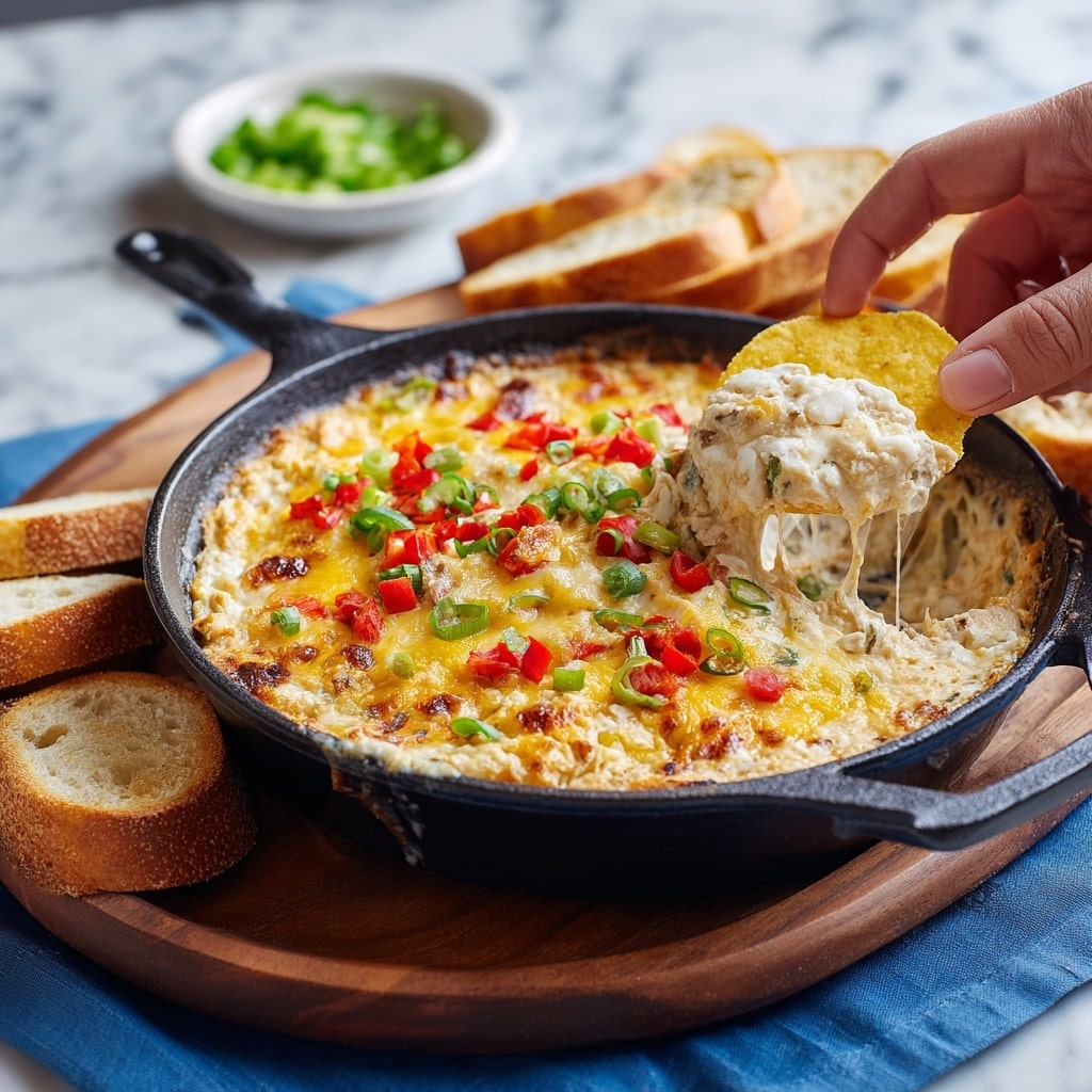 A close-up of a triangular yellow corn chip being held by a woman's hand, dipped into a thick creamy orange cheese sauce with visible small red chili flakes and small chopped red and green peppers. The sauce is smooth and glossy, covering the chip thickly, with slices of green jalapeño and small green herb leaves scattered on top. The dip is inside a round white bowl, placed on a white marbled surface with some scattered herbs and chili flakes around. Photo taken with an iphone --ar 4:5 --v 7