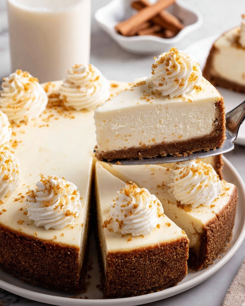 The image shows a cheesecake sliced into pieces on a white plate resting on a white marbled surface. Each slice has two main layers: the bottom layer is a thick, dark brown, crumbly crust, and the top layer is a smooth, creamy light cream cheese filling. On top of each slice, there is a swirl of white whipped cream sprinkled with golden crumbs, adding texture and color contrast. One slice is being lifted with a silver cake server, highlighting the firmness and smooth texture of the cheesecake. In the background, there is a glass of light cream liquid with a cinnamon stick and some scattered cinnamon sticks on a small white dish. photo taken with an iphone --ar 4:5 --v 7
