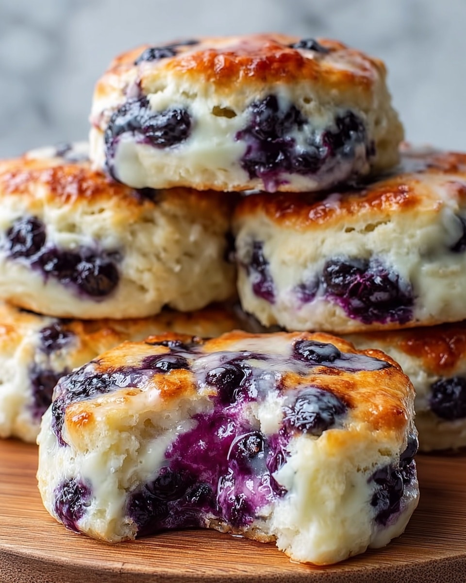 A round bread with six large, puffy sections forms the base, each section golden brown on top with a soft, slightly shiny texture. Between the sections and partly embedded in the dough are whole blueberries, their dark blue color contrasting with the light, fluffy dough. The bread sits on a round wooden board placed on a white marbled surface. In the background, there is a white cup and a white bowl filled with more blueberries, slightly blurred. photo taken with an iphone --ar 4:5 --v 7