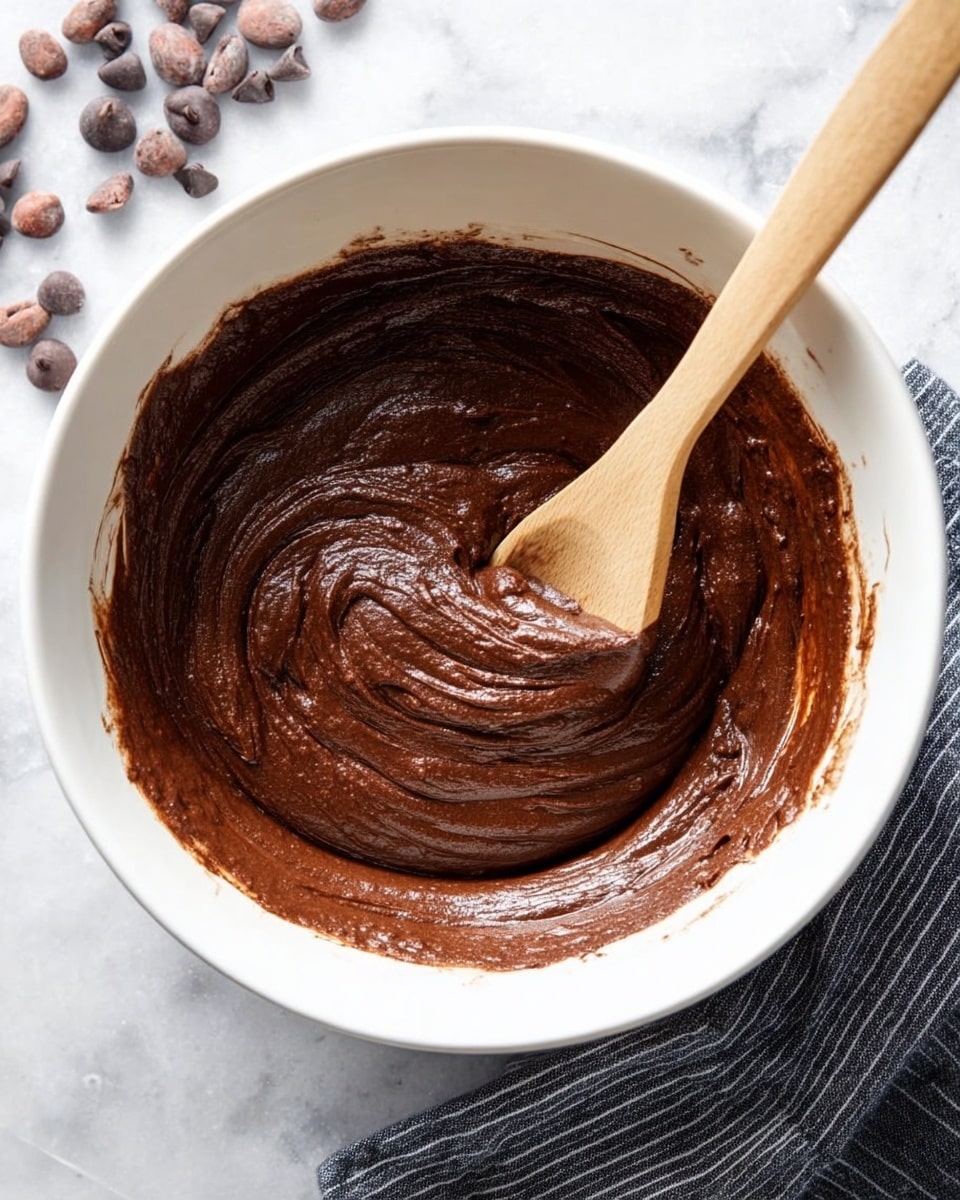 A white bowl holds thick, smooth dark brown chocolate batter, which looks creamy and rich with visible swirls from mixing; a light wooden spoon is partially buried in the batter near the center, with the batter clinging to it. Around the bowl, some chocolate chips and cocoa beans rest on a white marbled surface, and under the bowl there is a dark cloth with white stripes. The overall scene shows a close-up of the mixing process with an inviting texture. photo taken with an iphone --ar 4:5 --v 7