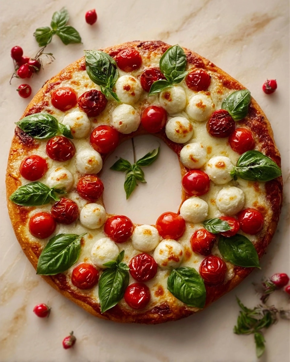 A round pizza shaped like a wreath with a thin golden crust forms the base, evenly topped with a layer of melted white mozzarella cheese. On top, there are bright red roasted cherry tomatoes and fresh green basil leaves spread around in a repeating pattern, creating a festive look. The toppings are arranged in two concentric circles, with cheese balls, tomatoes, and basil alternating smoothly, giving a textured and colorful appearance. The whole pizza rests on a white marbled surface with a warm, cozy atmosphere. photo taken with an iphone --ar 4:5 --v 7