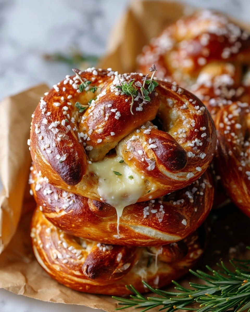 Several soft, golden-brown pretzels with a shiny, slightly flaky crust lie on a beige cloth that is casually spread over a white marbled surface. Each pretzel has a thick twisted outer layer, deeply browned and sprinkled with coarse white salt crystals, with creamy, pale dough visible through the torn sections along the twists. One pretzel in the front shows a nice contrast between the dark shiny crust and soft inner dough. In the background, sprigs of rosemary add a touch of green color. photo taken with an iphone --ar 4:5 --v 7