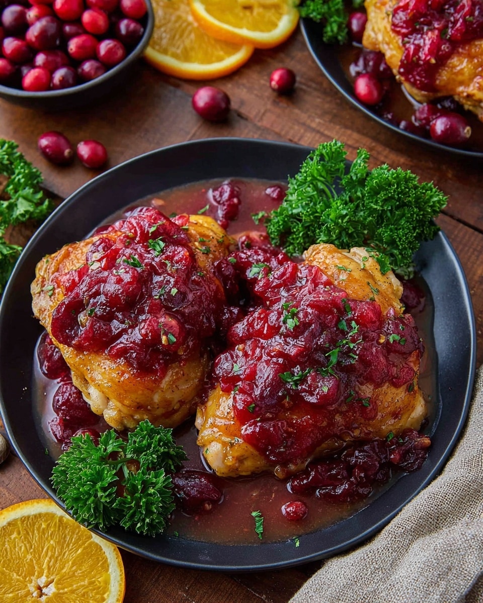 A black cast iron skillet holds six pieces of golden-brown crispy chicken thighs with a slightly charred texture on top, arranged closely together. Scattered throughout are bright red, glossy whole cranberries. Two wedges of vibrant orange slices sit near the center, adding a splash of color. Fresh green rosemary sprigs lay on top, adding texture and color contrast. The skillet rests on a white marbled surface. photo taken with an iphone --ar 4:5 --v 7