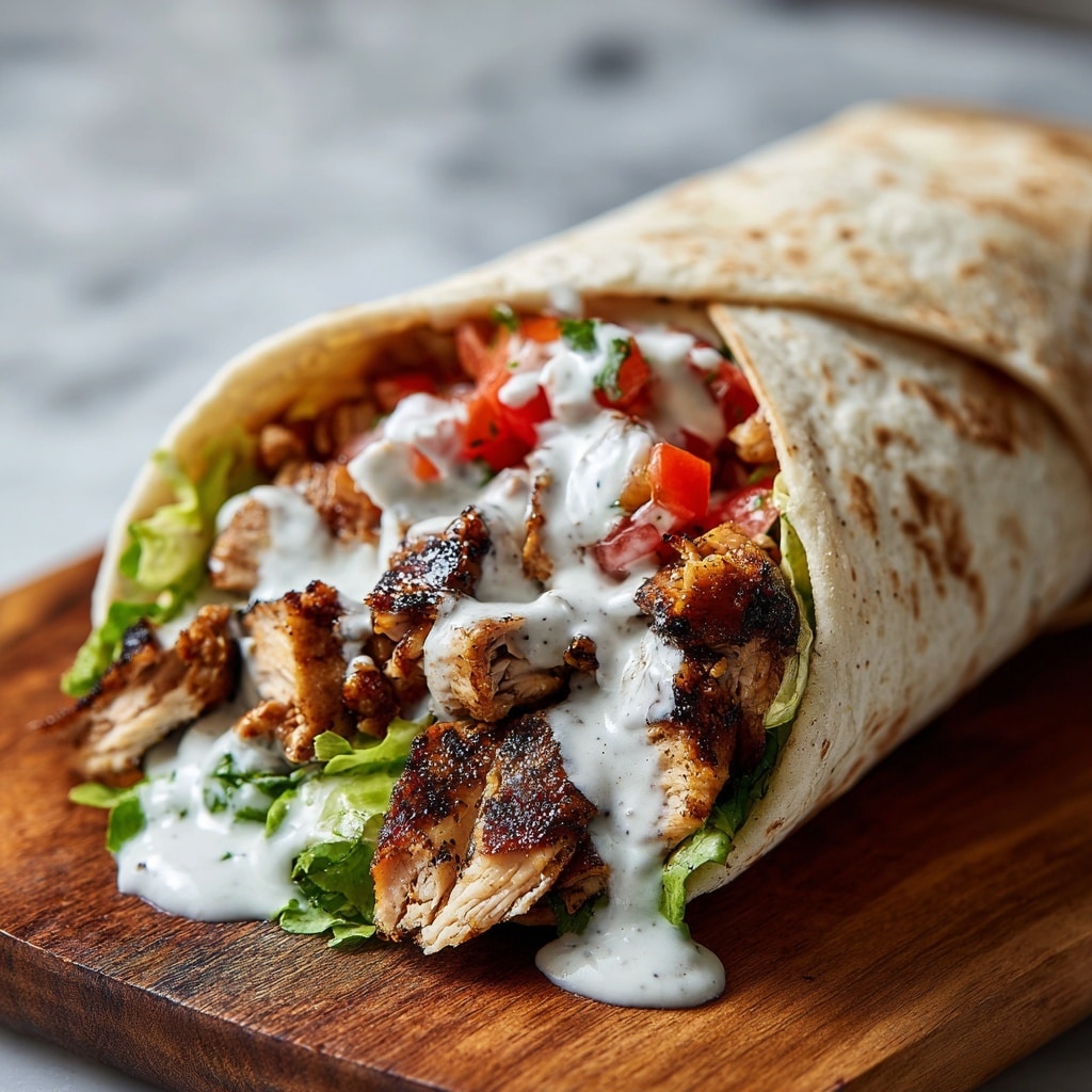 A close-up view of a soft, light brown flatbread wrap filled with grilled, dark brown chicken pieces and a green layer of lettuce near the base. There is a layer of chopped red tomatoes on top of the chicken, all covered with a thick, white sauce dripping slightly over the edges. The wrap is partially open, showing the layers inside, resting on a wooden board with a blurred background showing a woman's hand holding something out of focus. The surface beneath is a white marbled texture. Photo taken with an iphone --ar 4:5 --v 7