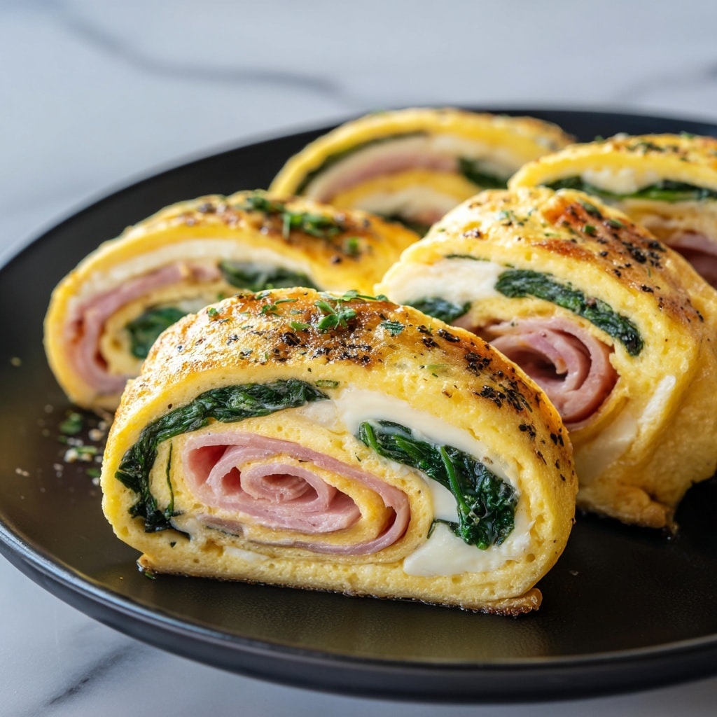 Two rolled omelets are shown close up, each with three visible layers. The outer layer is a golden, slightly browned omelet sprinkled with green herbs and some black pepper, with a smooth and glossy texture. Inside, the middle layer is cooked spinach, dark green and slightly wilted, sitting on a soft white layer of melted cheese. The innermost layer has a small roll of pink ham, adding a curled shape and tender look. They are placed on a black plate with a white marbled background. Photo taken with an iphone --ar 4:5 --v 7