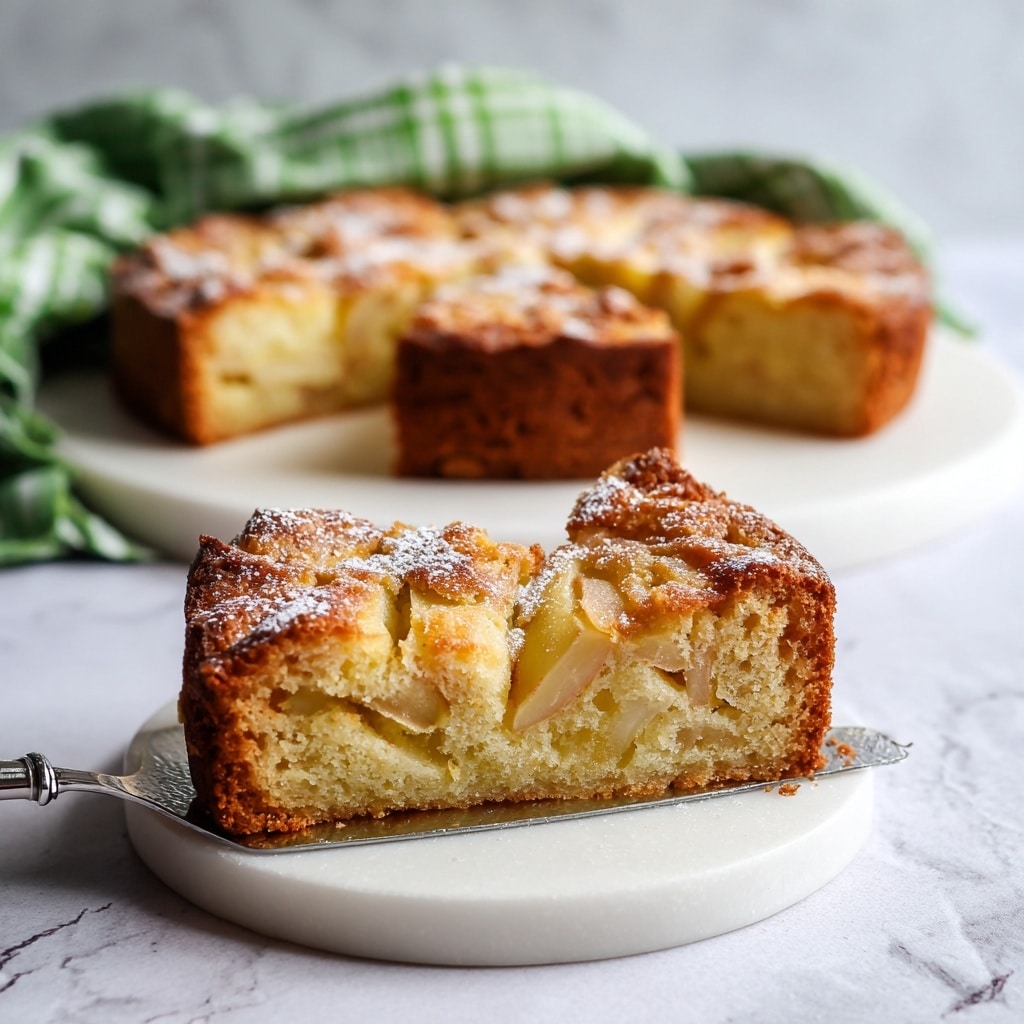 The image shows a round apple cake with a golden brown crust and a slightly cracked, textured top sprinkled with powdered sugar. The cake has three visible layers: a thick, dense bottom layer with chunks of cooked apple, a middle layer with softer apple pieces embedded in a moist yellow cake, and a golden, slightly crispy top layer. A slice has been cut out and is held on a silver spatula, showing the moist inside with soft apple pieces clearly visible. The cake is placed on a white marble round board. In the background, there is a white plate with another slice of the cake and a green-checkered cloth, all set on a white marbled surface. Photo taken with an iphone --ar 4:5 --v 7